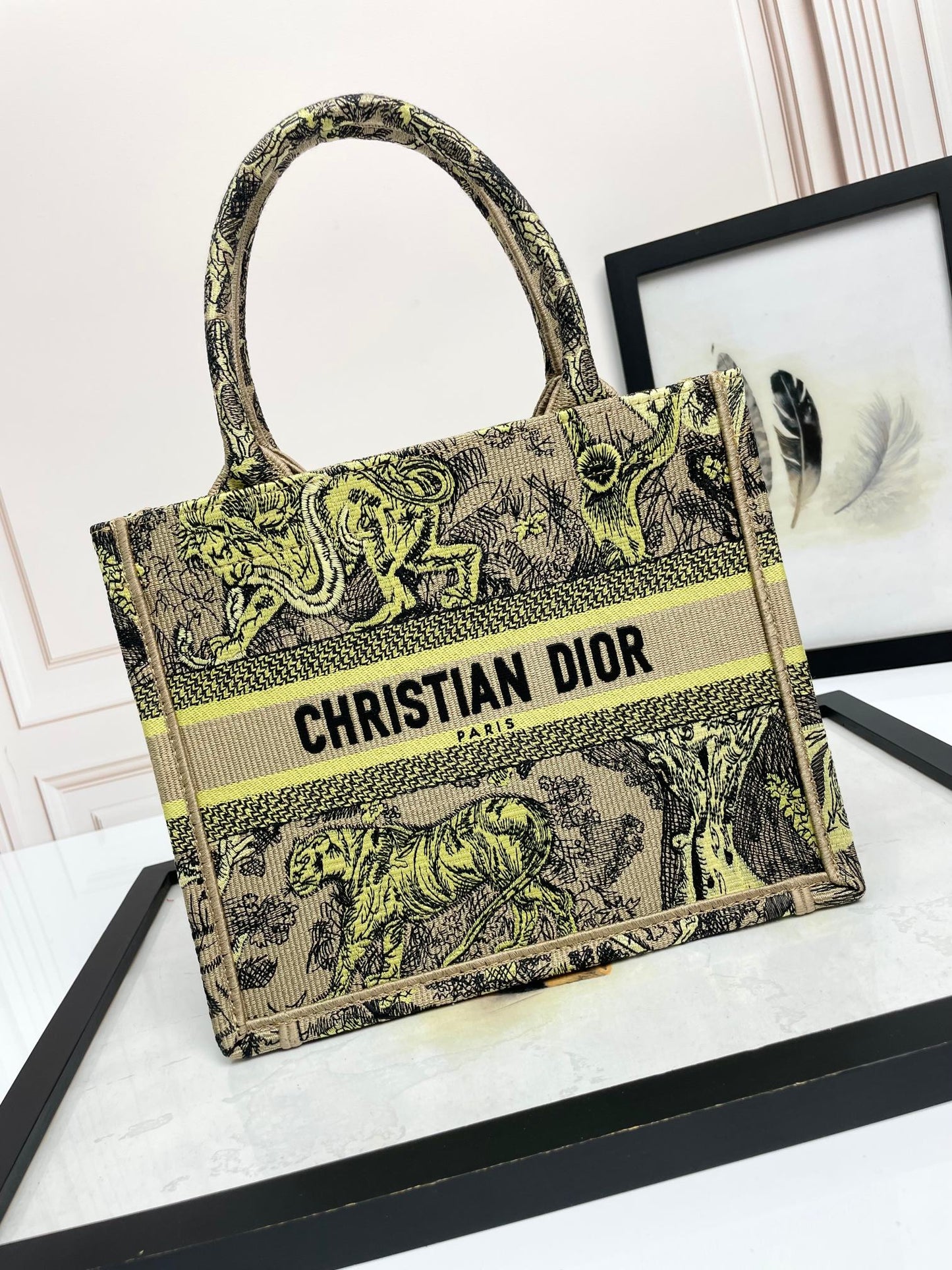 Dior Embroidered Safari Animal Tapestry Tote Bag with Top Handles