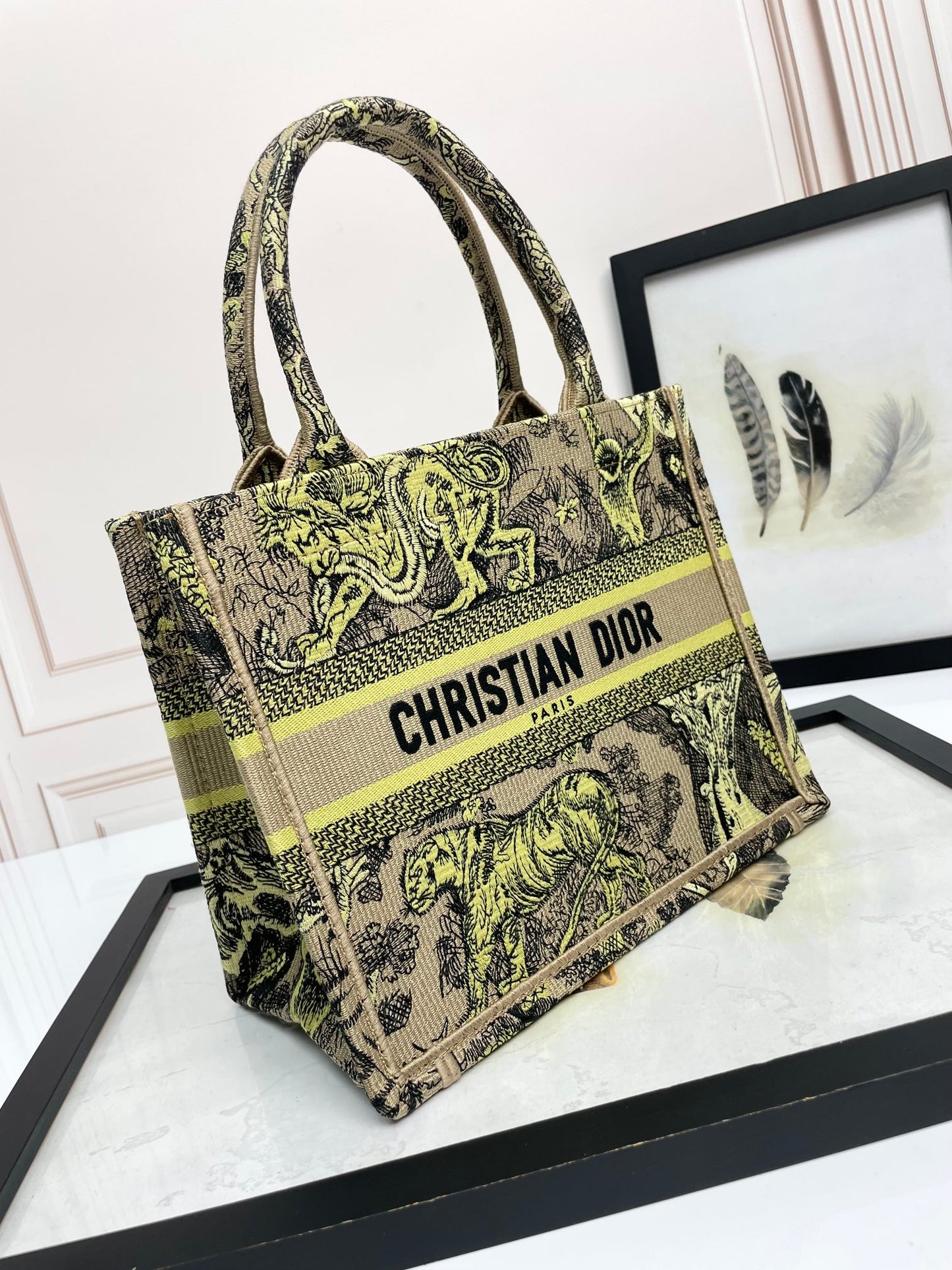 Christian Dior Book Tote Yellow and Beige Toile de Jouy Sauvage Embroidery
