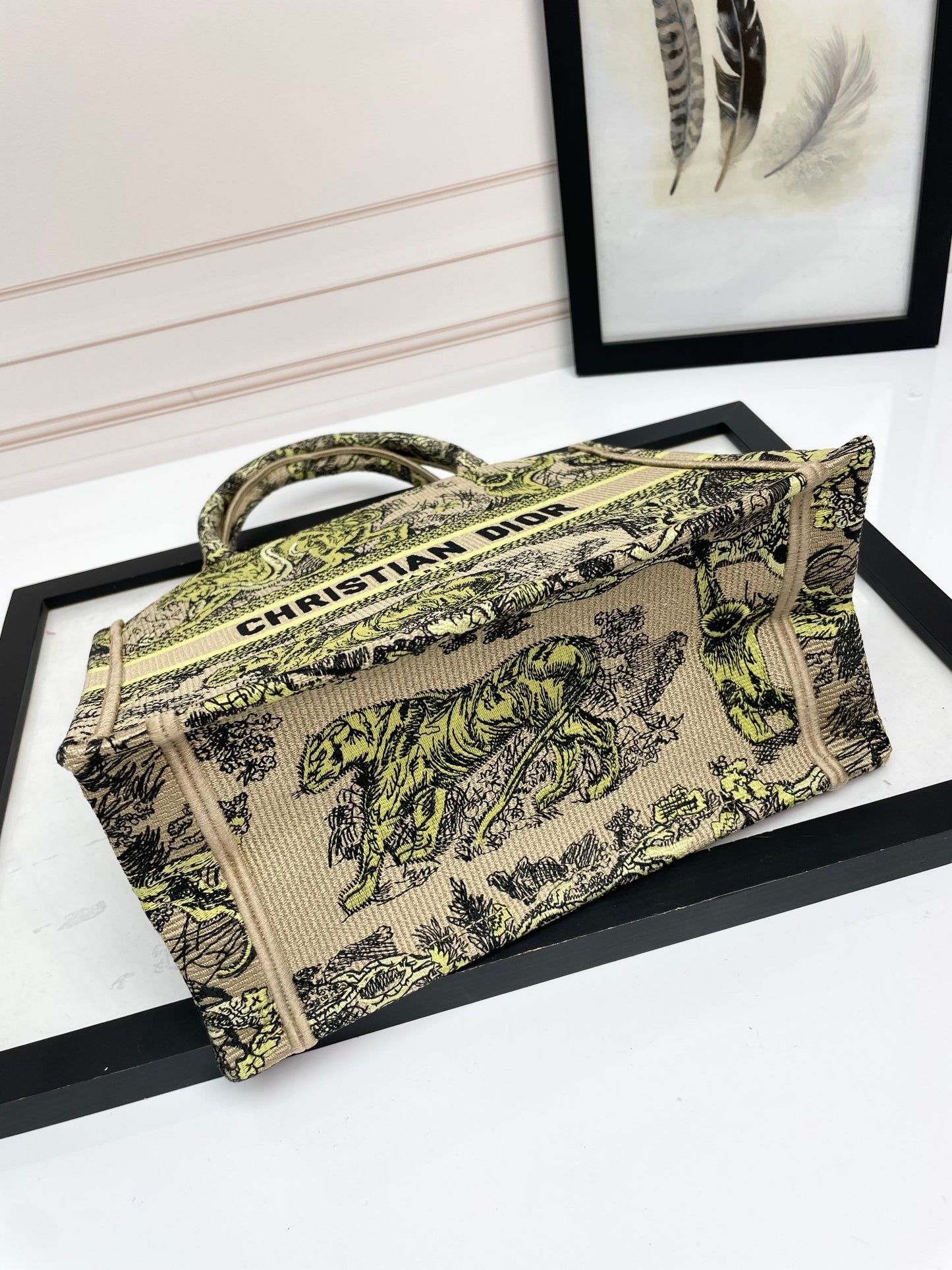 Christian Dior Medium Book Tote Yellow Multicolored Tiger Embroidered Canvas Bag