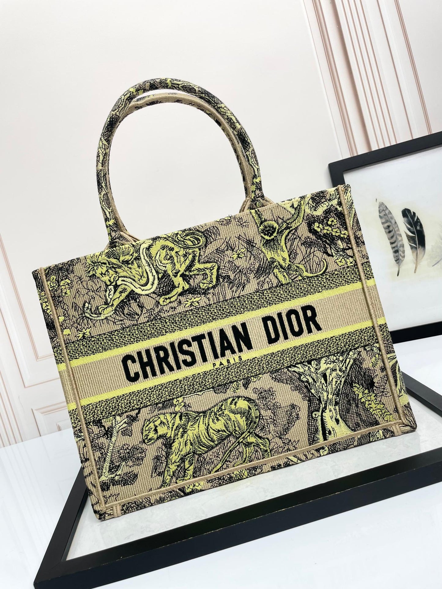 Christian Dior Medium Book Tote Toile de Jouy Tiger Embroidery Bag