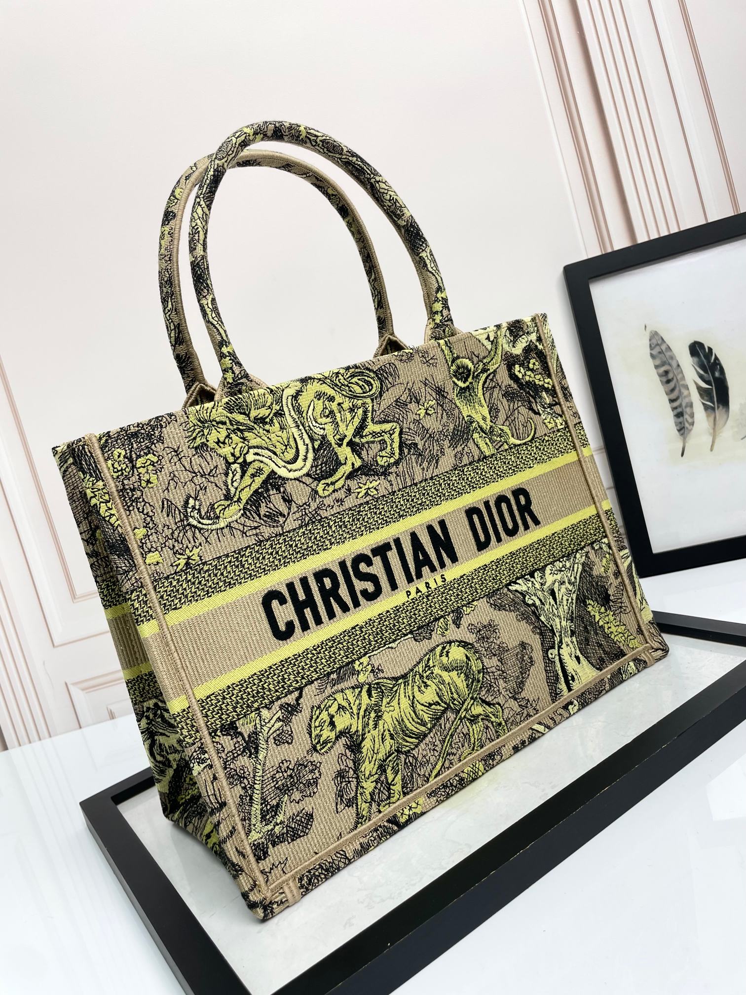 Christian Dior Medium Book Tote Lime Green Toile de Jouy Sauvage Embroidery