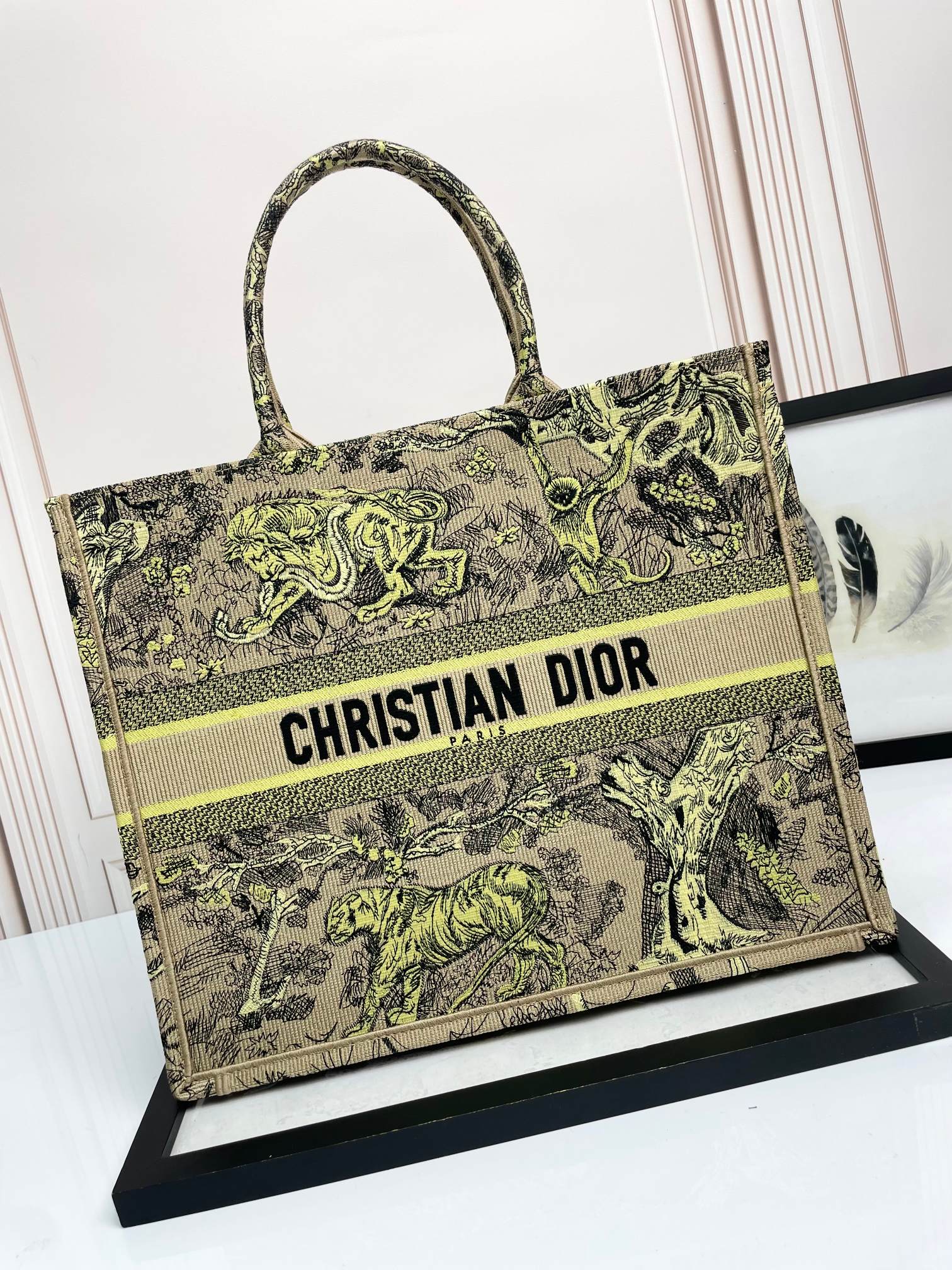 Dior Vintage Animal Embroidered Canvas Tote Bag Large Fashion Handbag