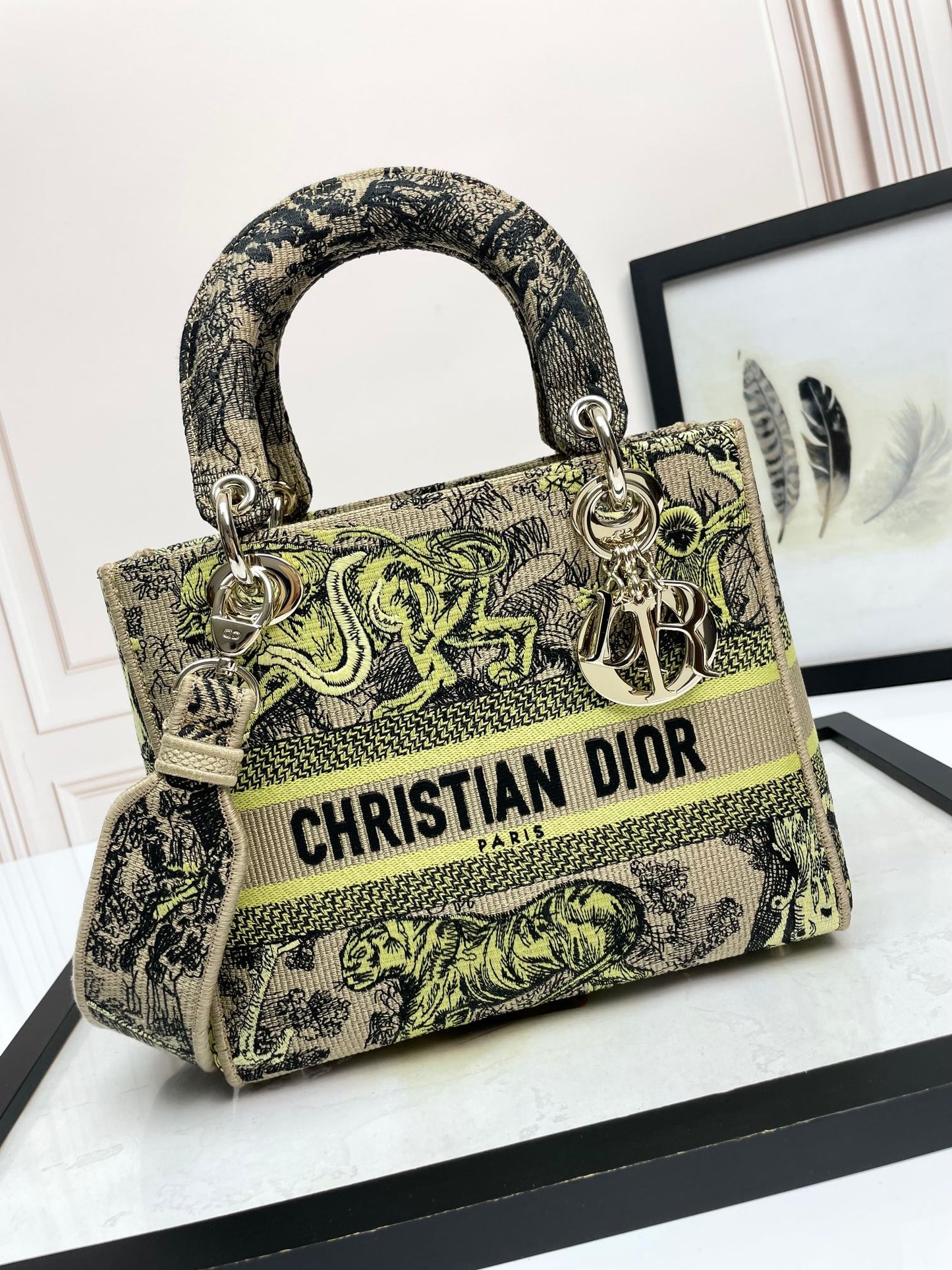 Dior Embroidered Jungle Animal Canvas Satchel Bag with Top Handle