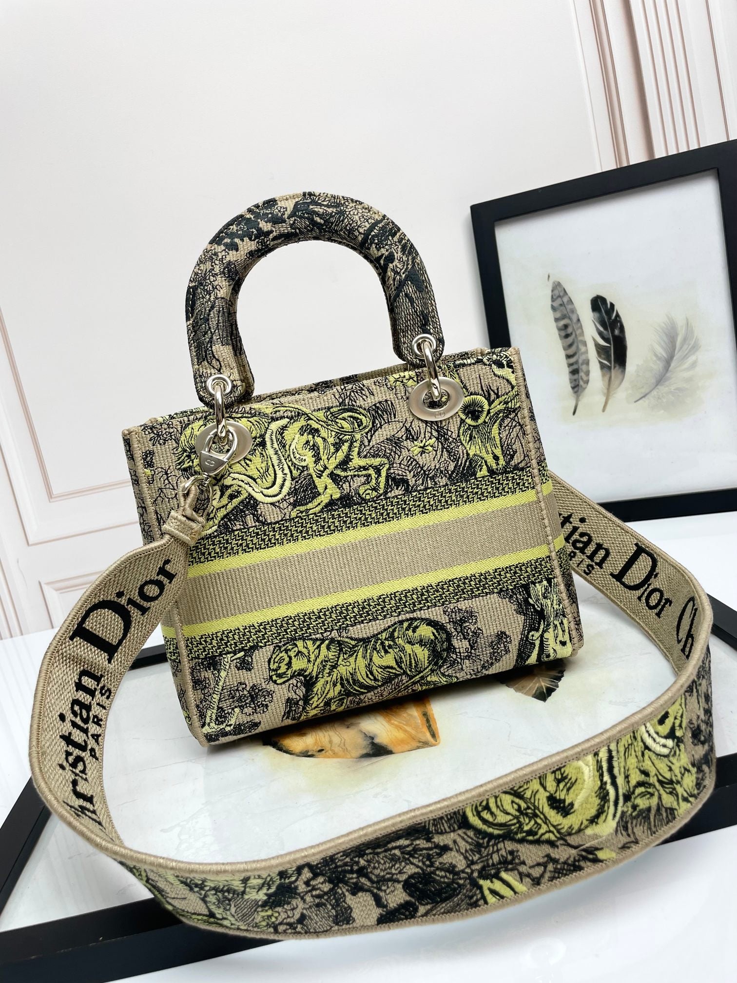 Dior Luxury Embroidered Canvas Top Handle Handbag with Animal Print