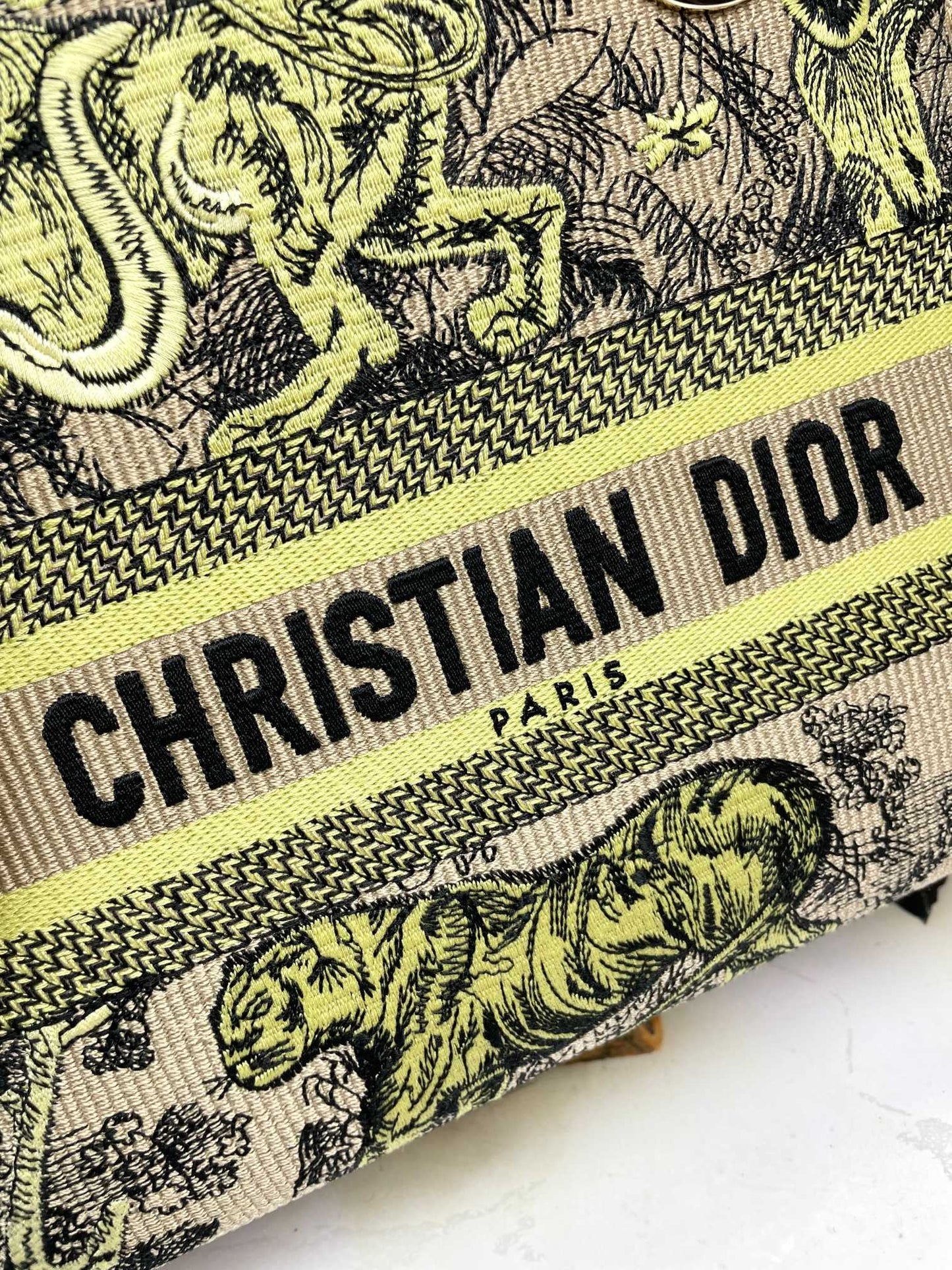 Dior Embroidered Jungle Animal Canvas Satchel Bag with Top Handle