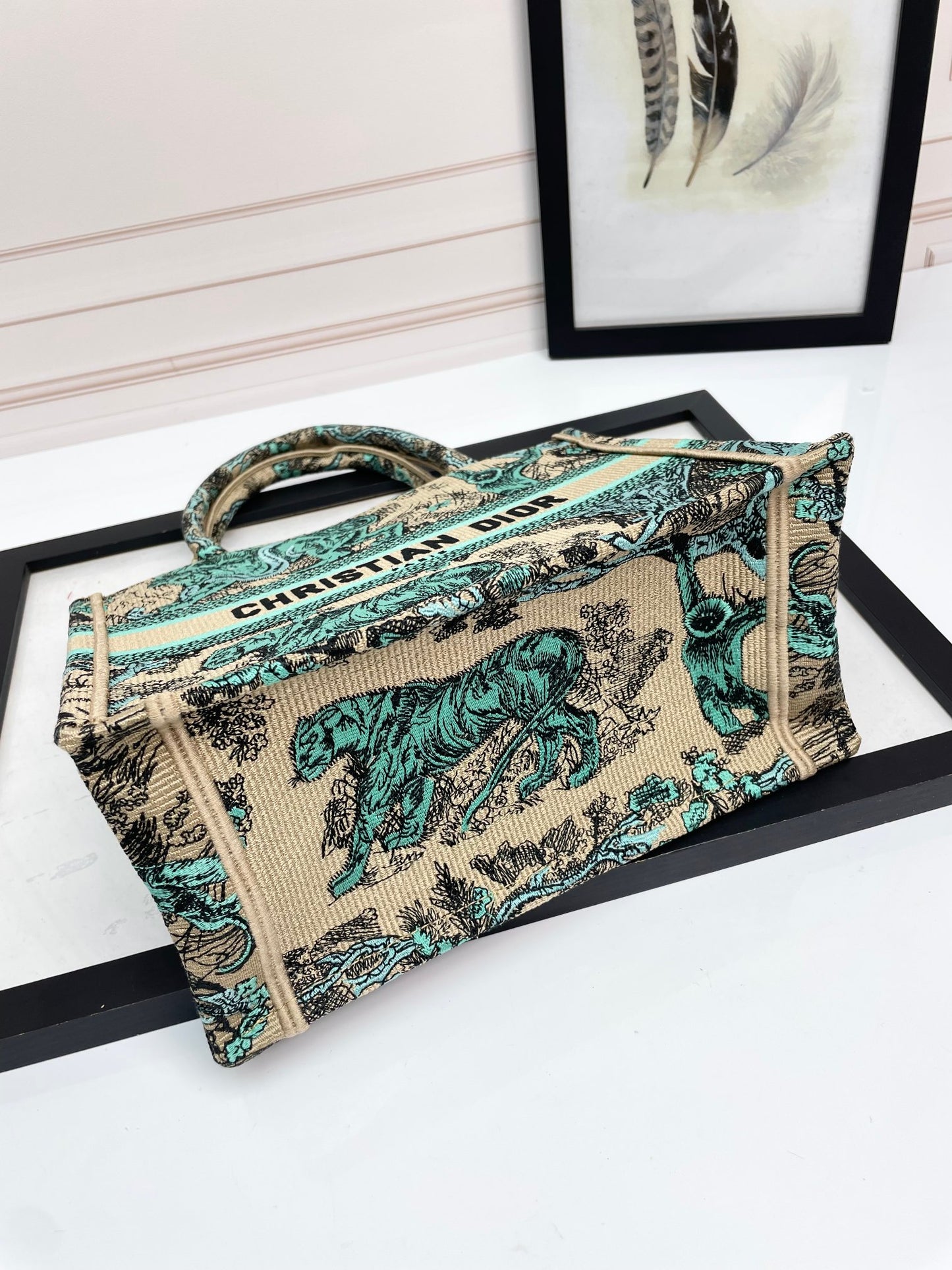 Dior Teal and Beige Embroidered Animal Print Canvas Tote Bag