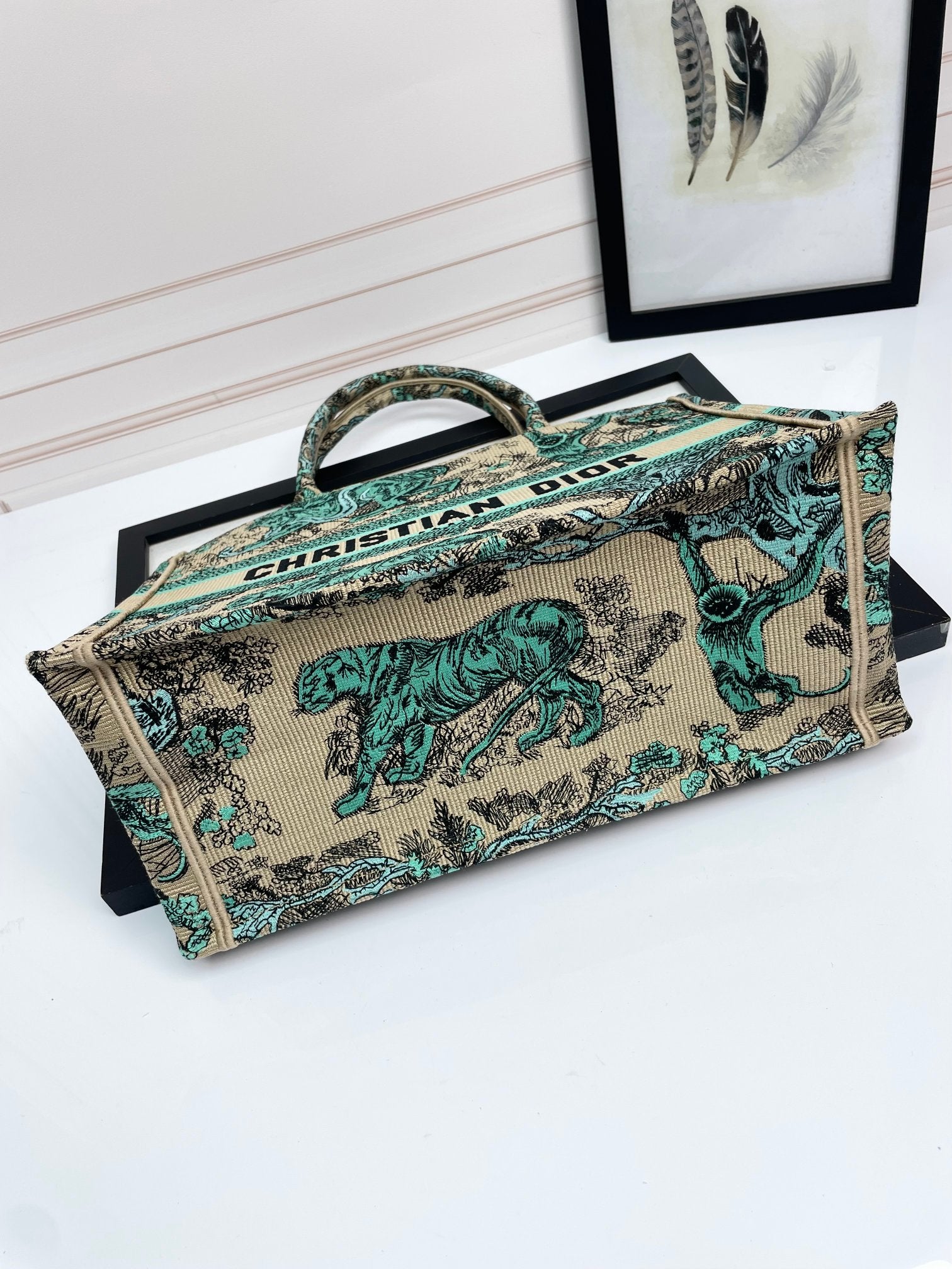 Dior Vintage Tiger Tapestry Canvas Tote Bag Green Animal Print Handbag