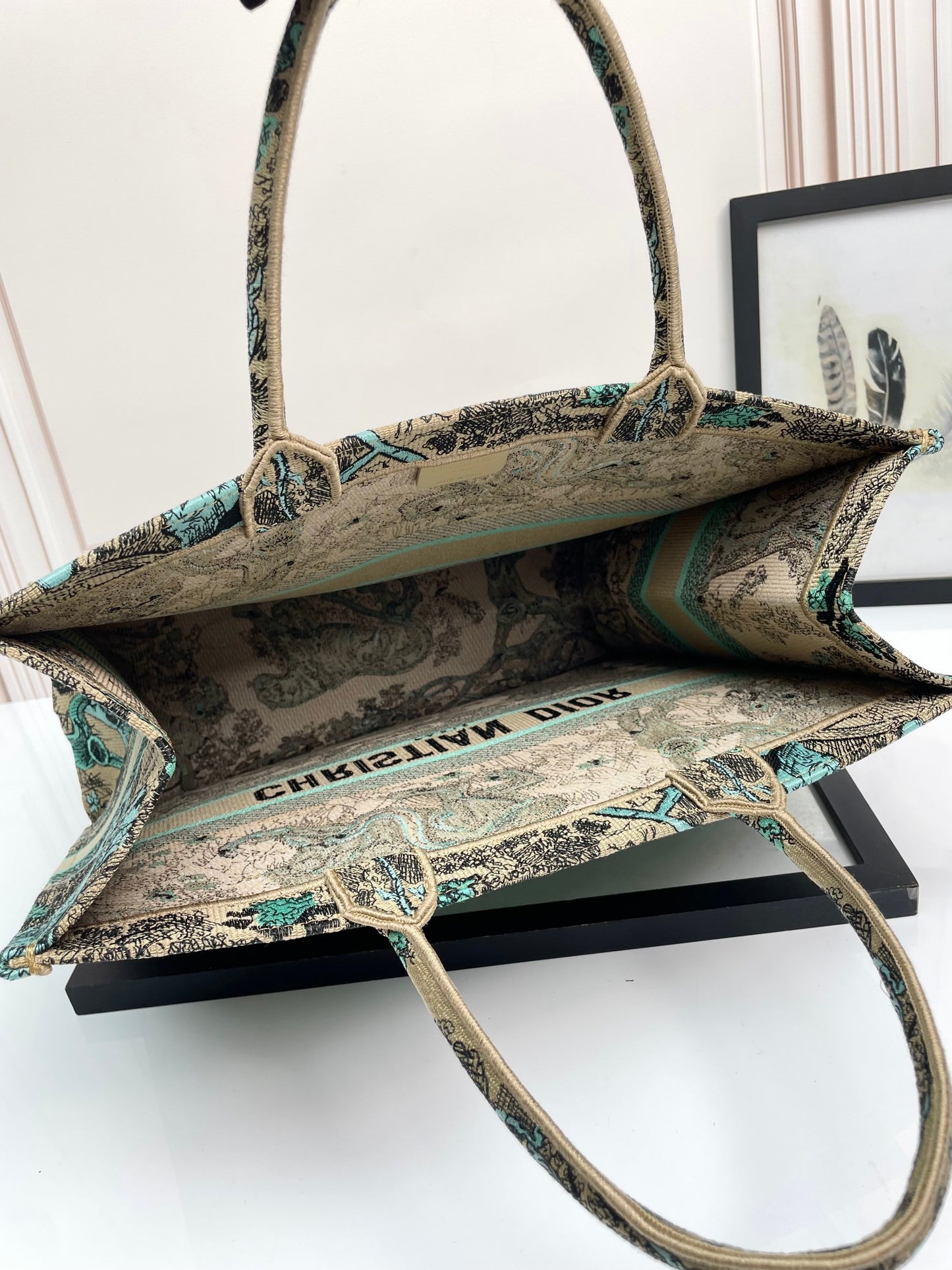 Dior Embroidered Green Animal Print Canvas Tote Bag with Top Handles