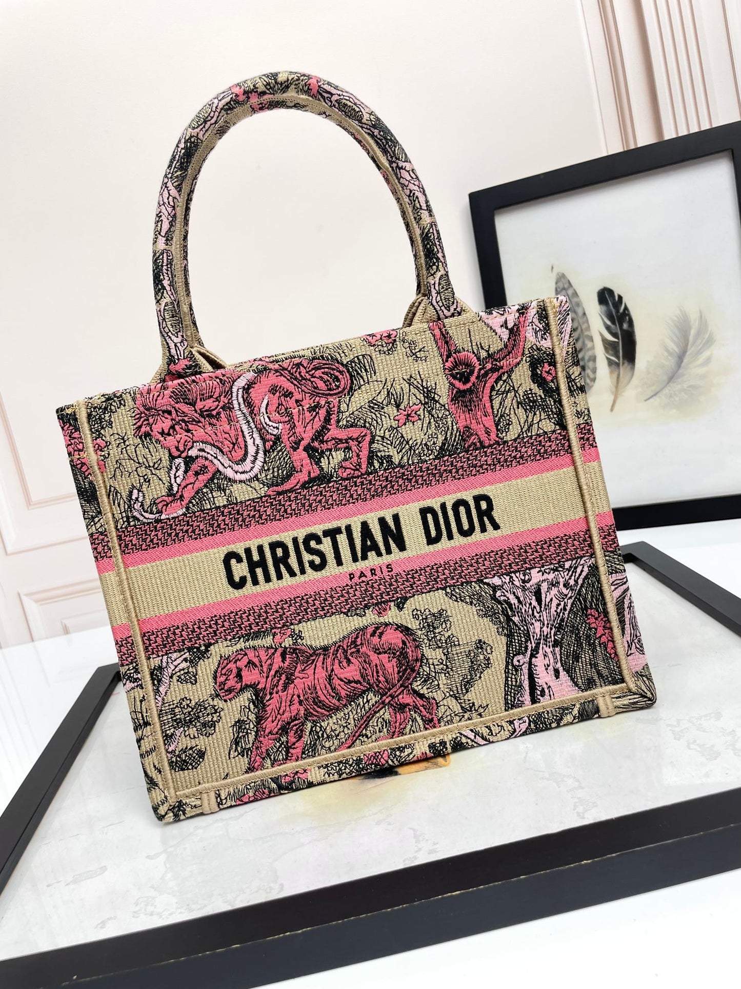 Dior Vintage Pink Tiger Embroidered Canvas Tote Bag with Handles