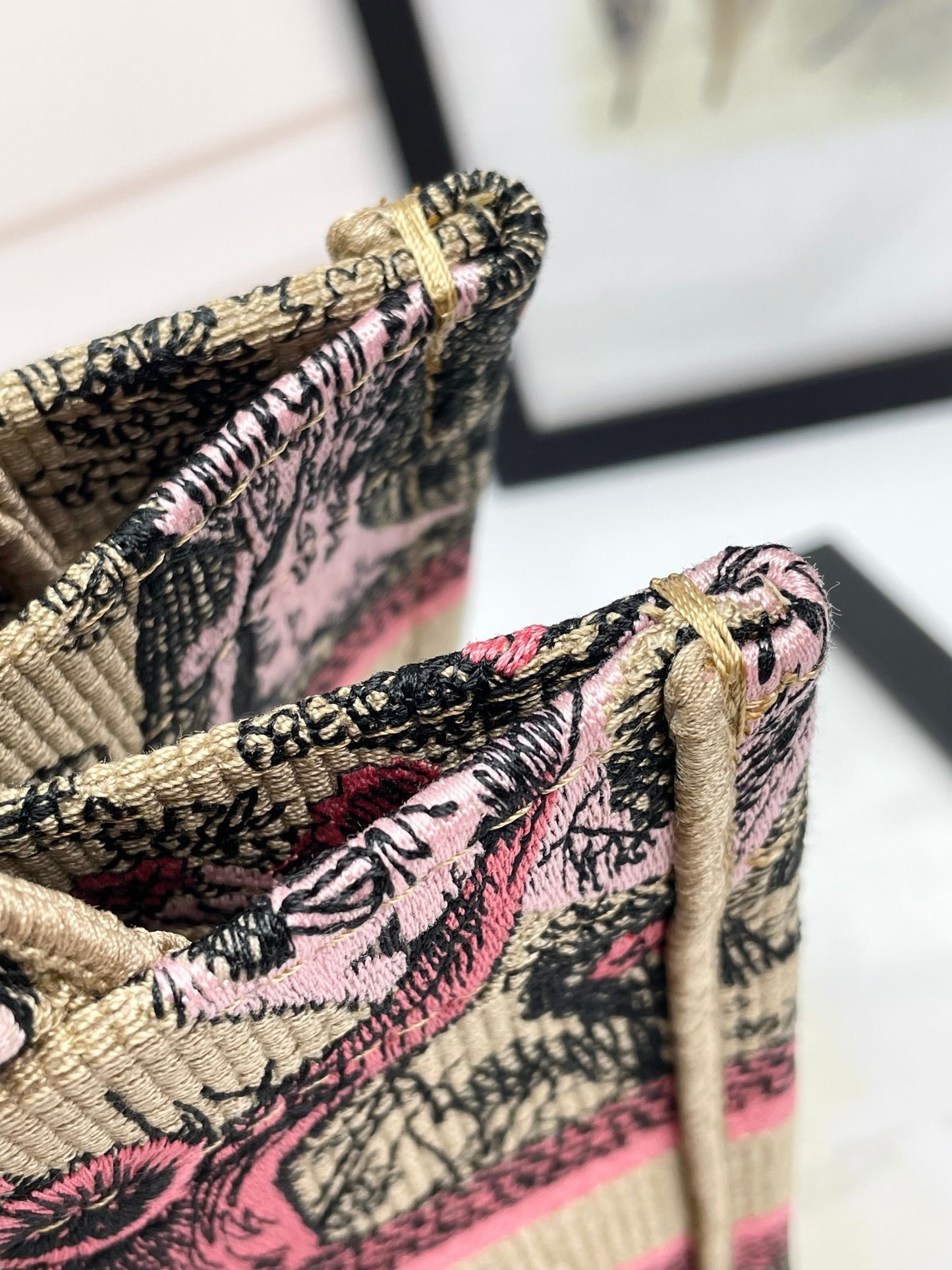 Dior Vintage Pink Tiger Embroidered Canvas Tote Bag with Handles