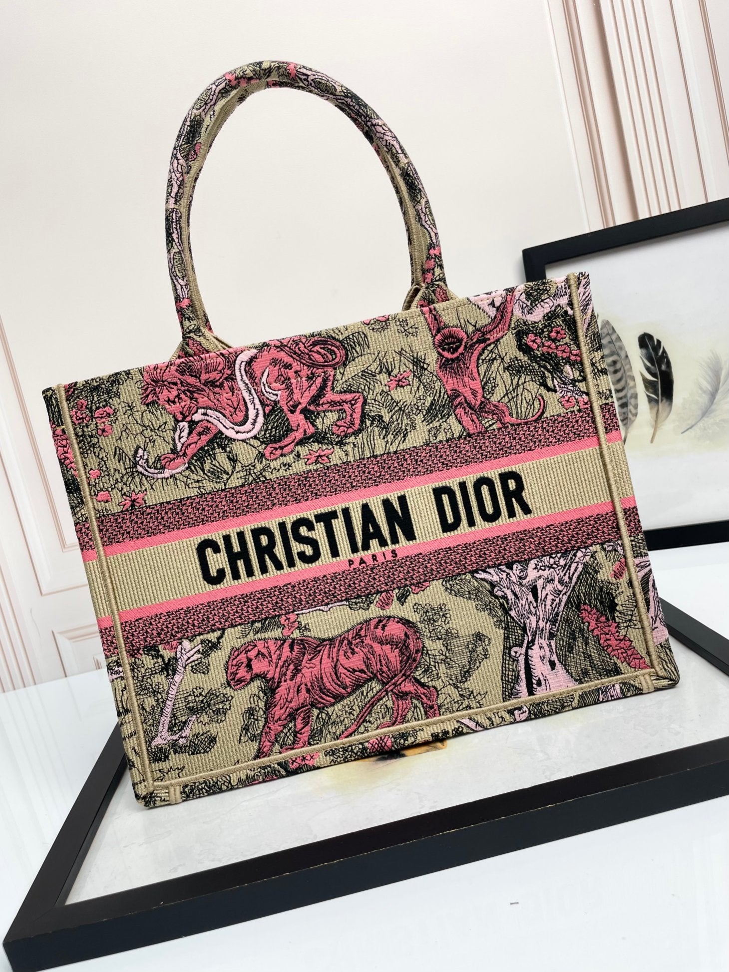 Dior Vintage Tiger Print Canvas Tote Bag Pink and Beige Handbag