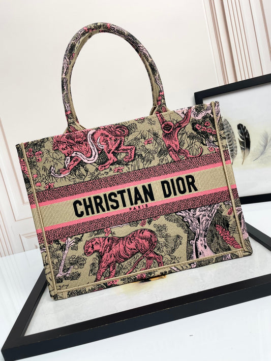 Dior Vintage Tiger Print Canvas Tote Bag Pink and Beige Handbag