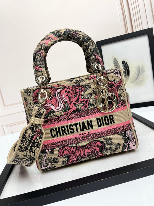 Dior Vintage Pink Embroidered Canvas Top Handle Shoulder Bag