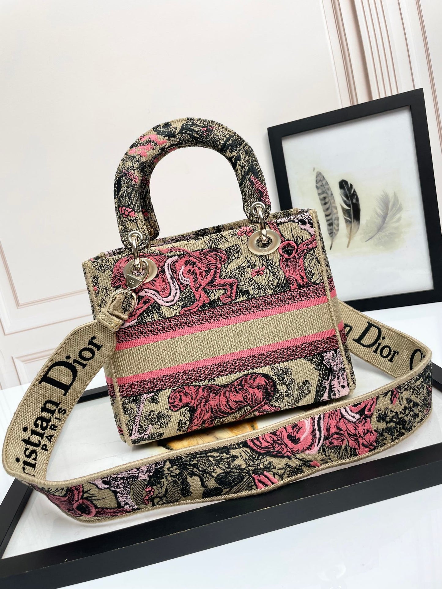 Dior Vintage Pink Embroidered Canvas Top Handle Shoulder Bag