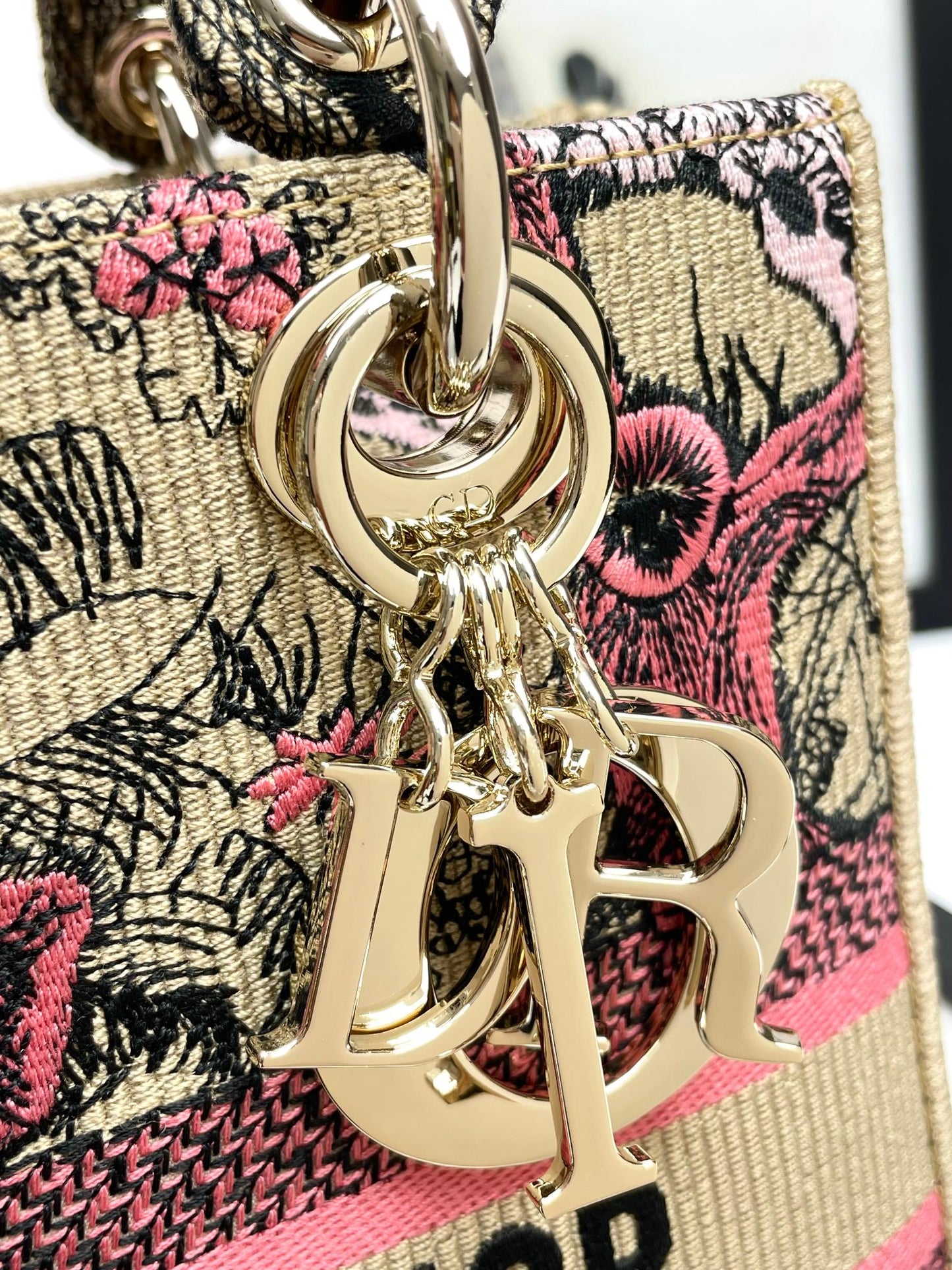 Dior Vintage Pink Embroidered Canvas Top Handle Shoulder Bag