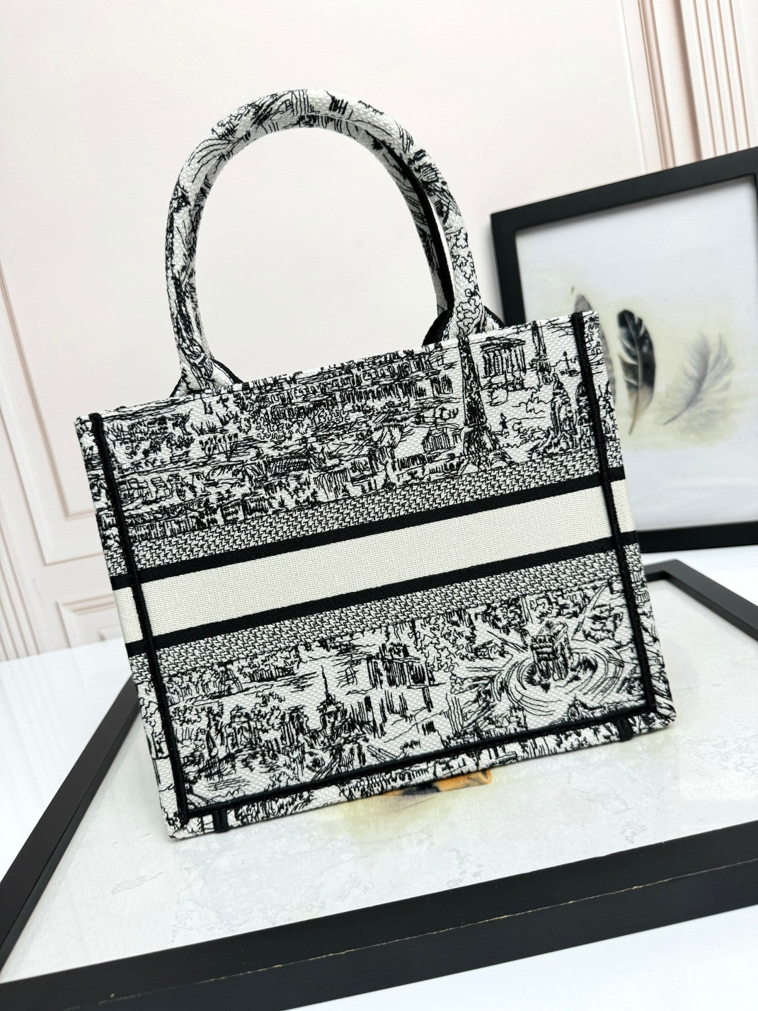 Dior Classic Black and White Toile Embroidered Canvas Tote Bag