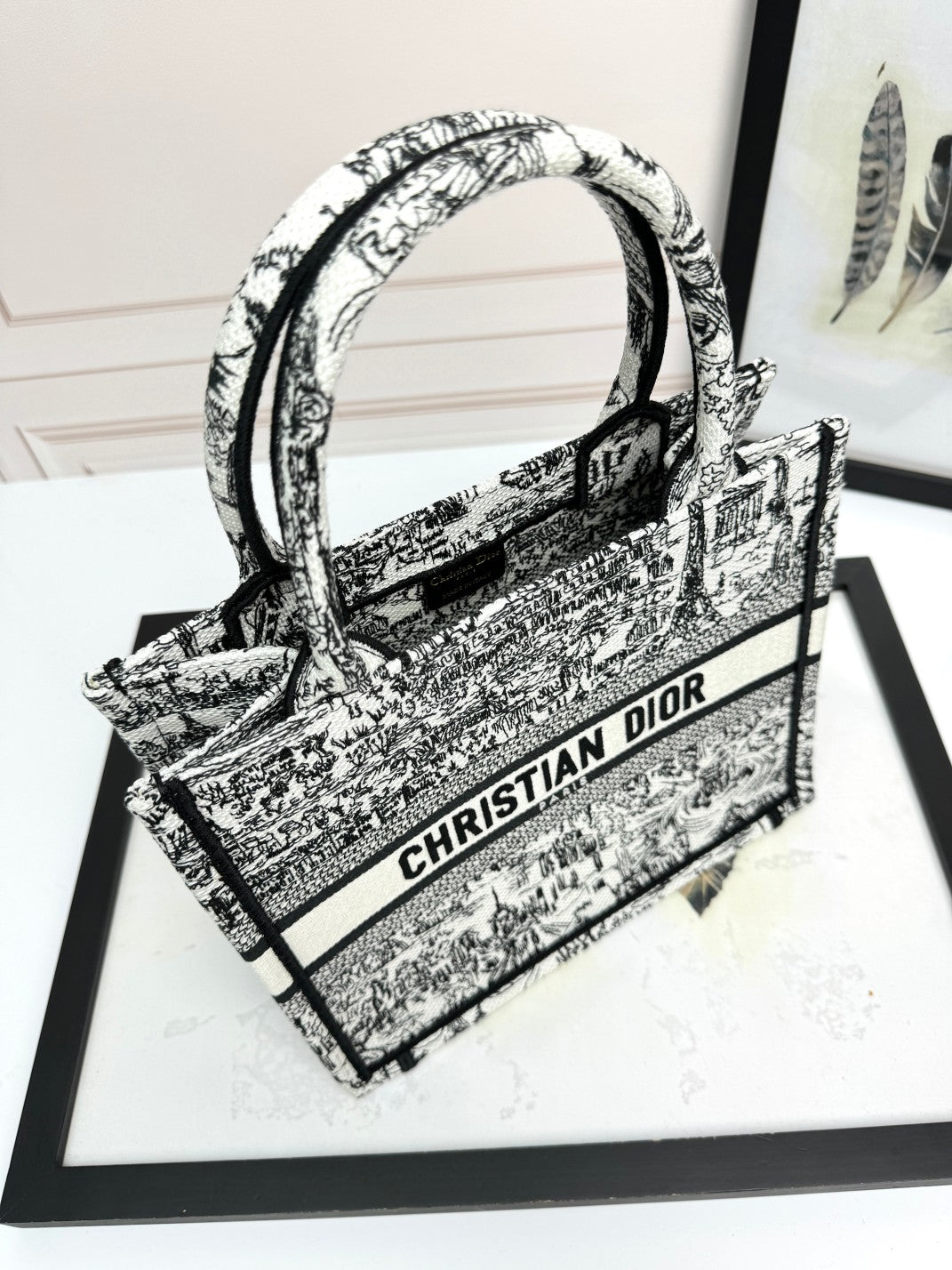 Christian Dior Medium Book Tote Black and White Toile de Jouy Embroidery