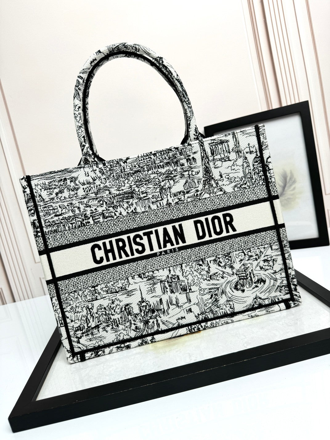 Dior Vintage Black and White Landscape Print Canvas Tote Handbag