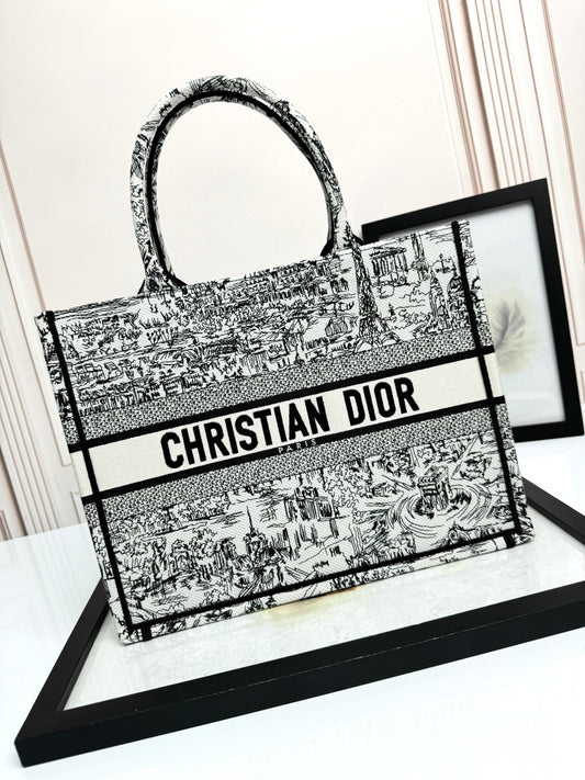 Dior Vintage Black and White Landscape Print Canvas Tote Handbag
