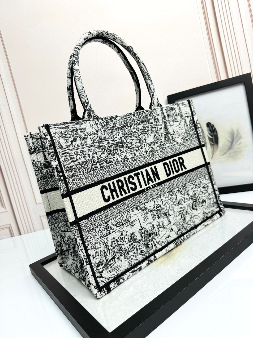 Christian Dior Large Book Tote Black and White Toile de Jouy Embroidery Handbag