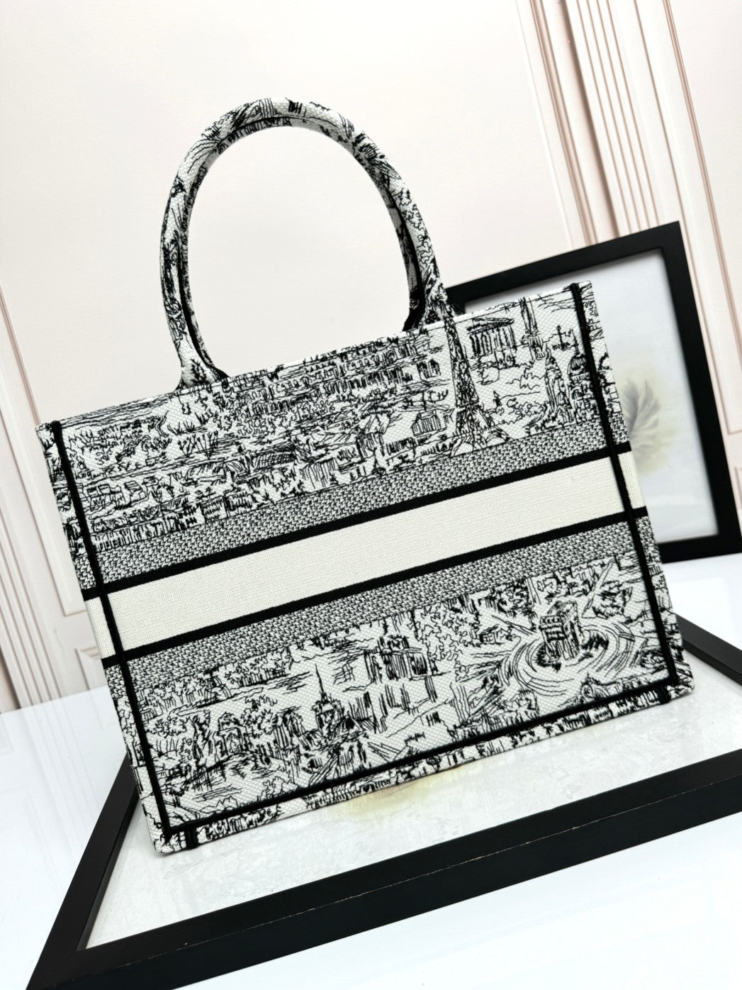 Dior Black and White Toile de Jouy Embroidered Canvas Tote Bag