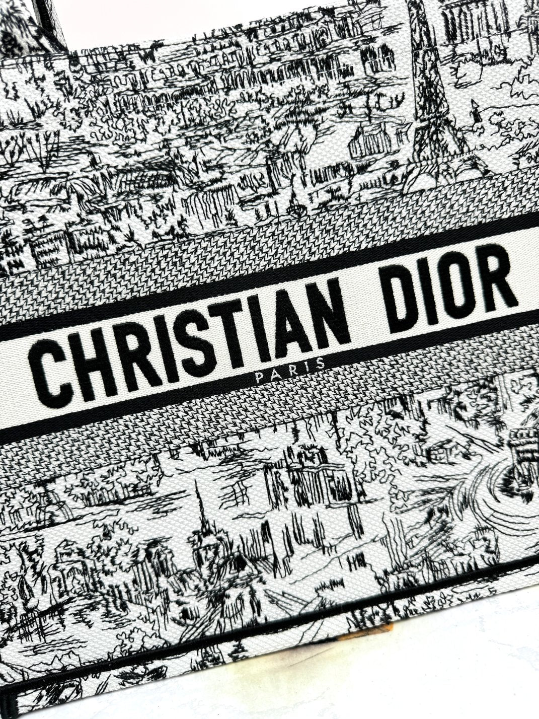 Christian Dior Large Book Tote Black and White Toile de Jouy Embroidery Handbag