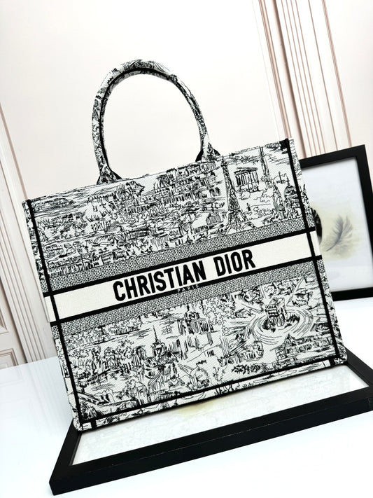 Dior Classic Black and White Architecture Print Canvas Tote Handbag
