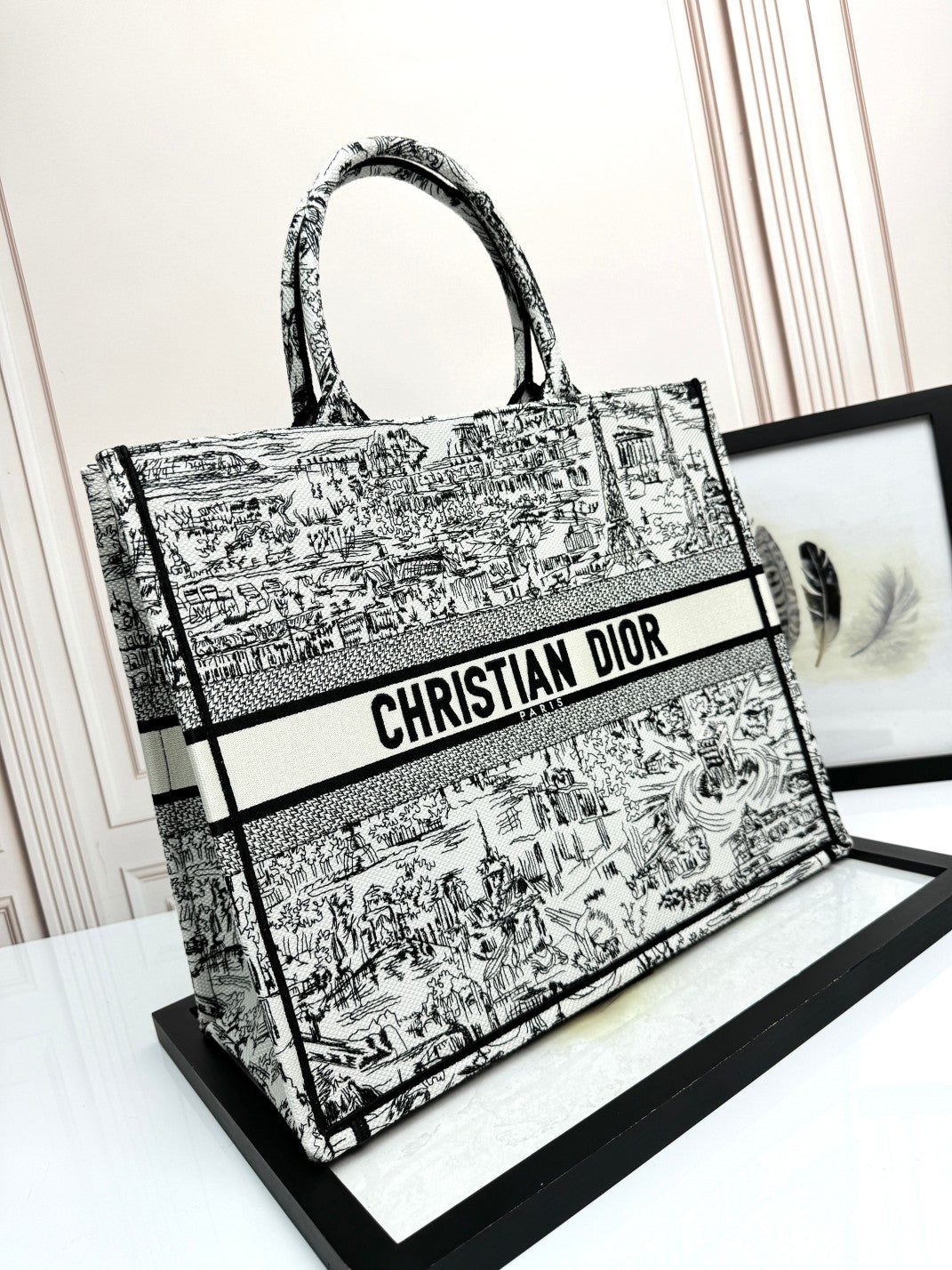 Christian Dior Large Book Tote Bag - Black and White Toile de Jouy Embroidery