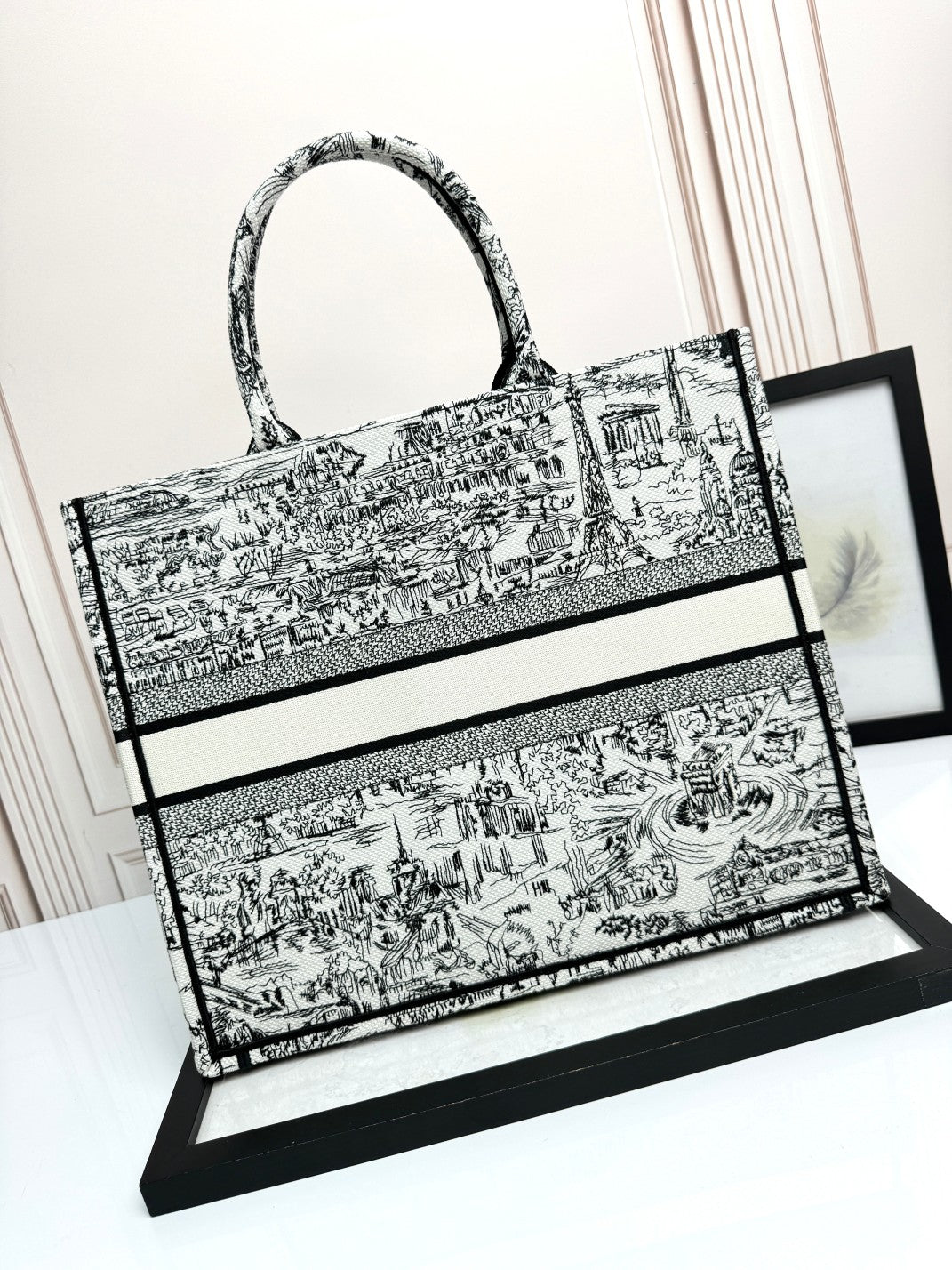 Christian Dior Large Book Tote Bag - Black and White Toile de Jouy Embroidery