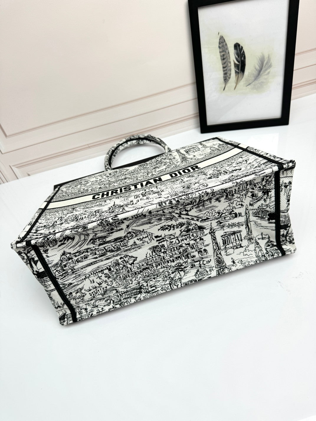 Dior Black and White City Print Canvas Tote Bag with Top Handles