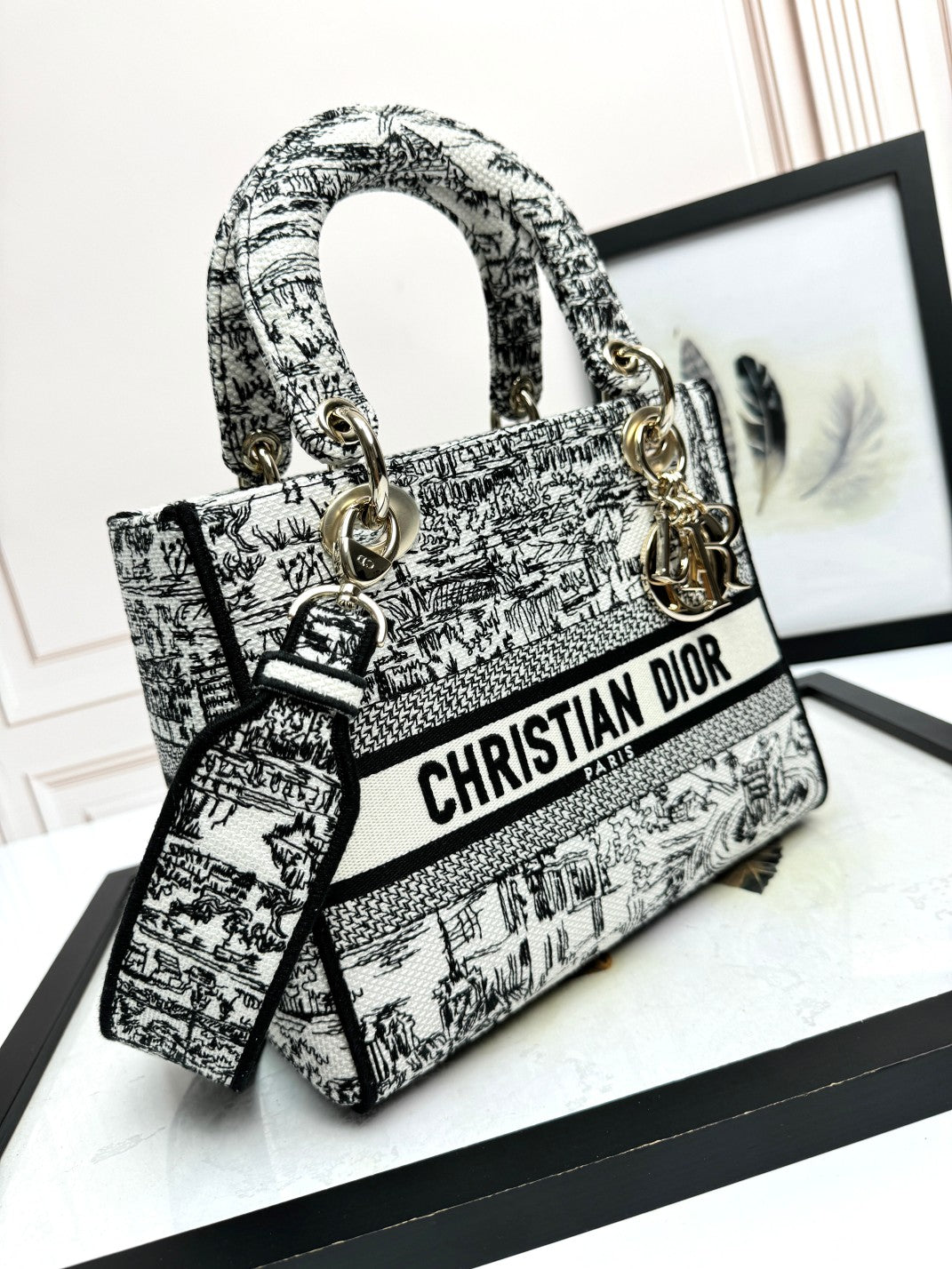 Dior Classic Black and White Toile Pattern Embroidered Top Handle Bag