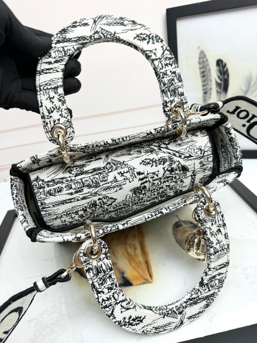 Dior Elegant Black and White Embroidered Toile Top Handle Handbag