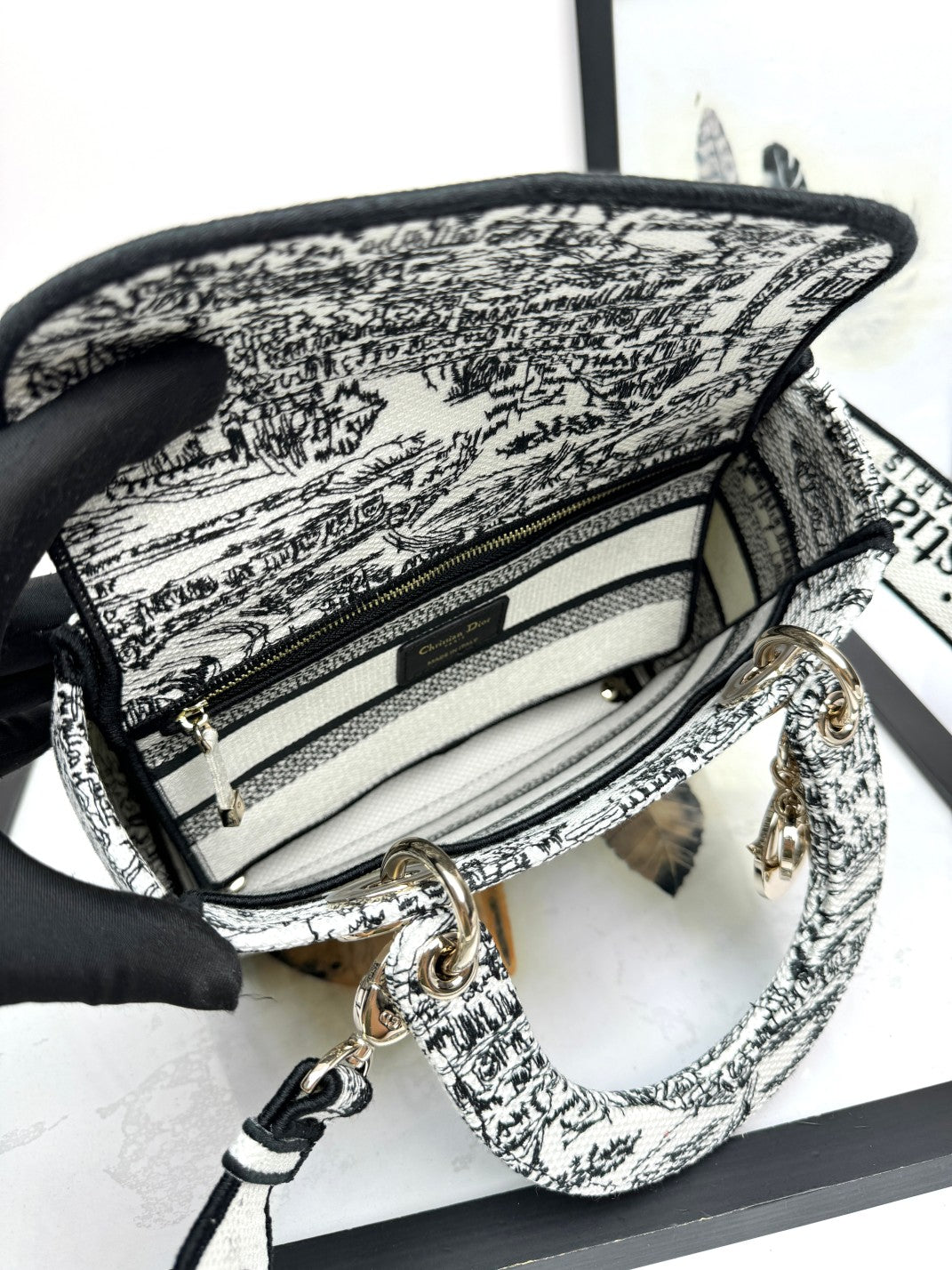 Dior Elegant Black and White Embroidered Toile Top Handle Handbag