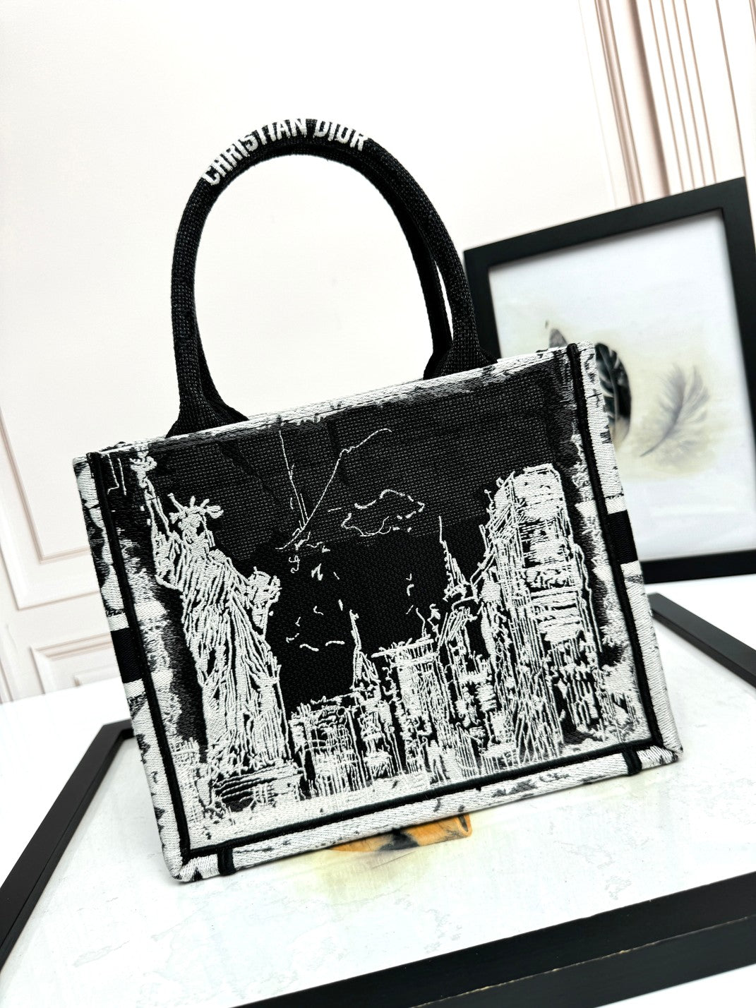 Dior Elegant Black and White City Graphic Canvas Top Handle Handbag