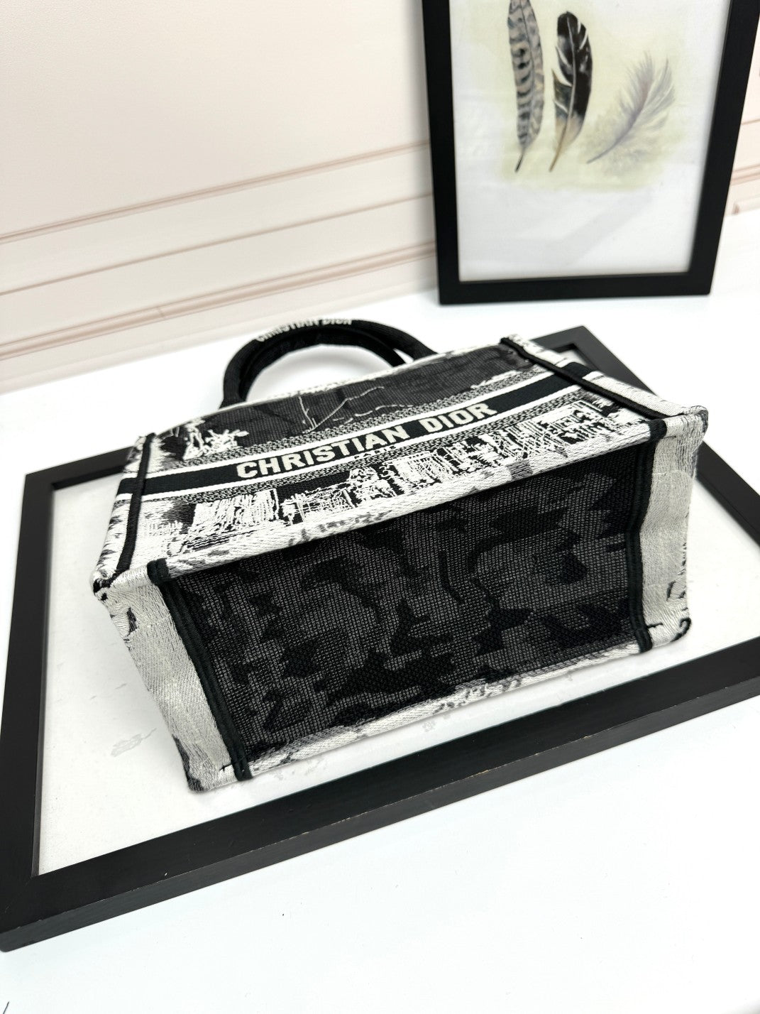 Christian Dior Small Book Tote Bag Black and White Embroidery