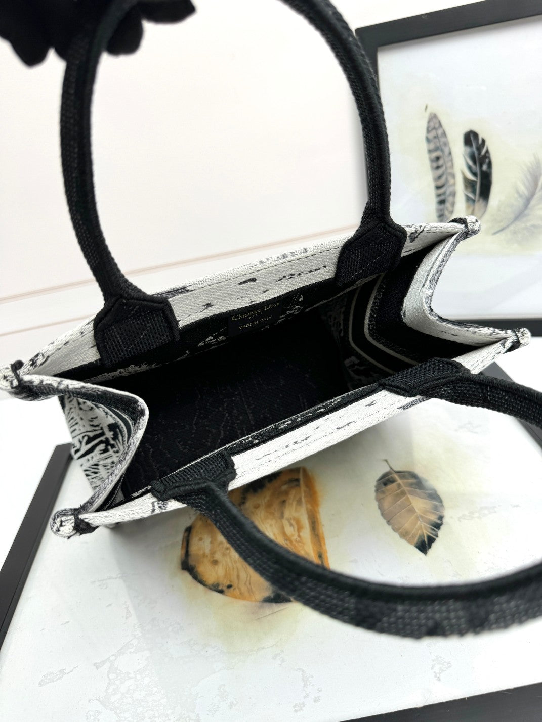 Christian Dior Small Book Tote Bag Black and White Embroidery