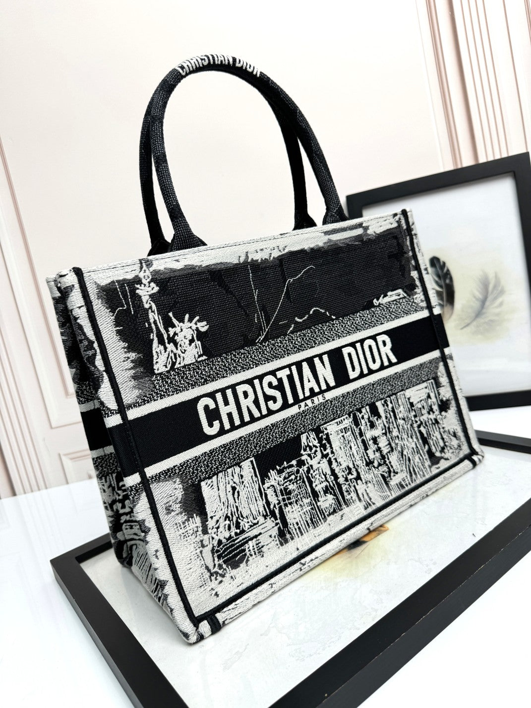 Christian Dior Medium Book Tote Bag Black and White Embroidery