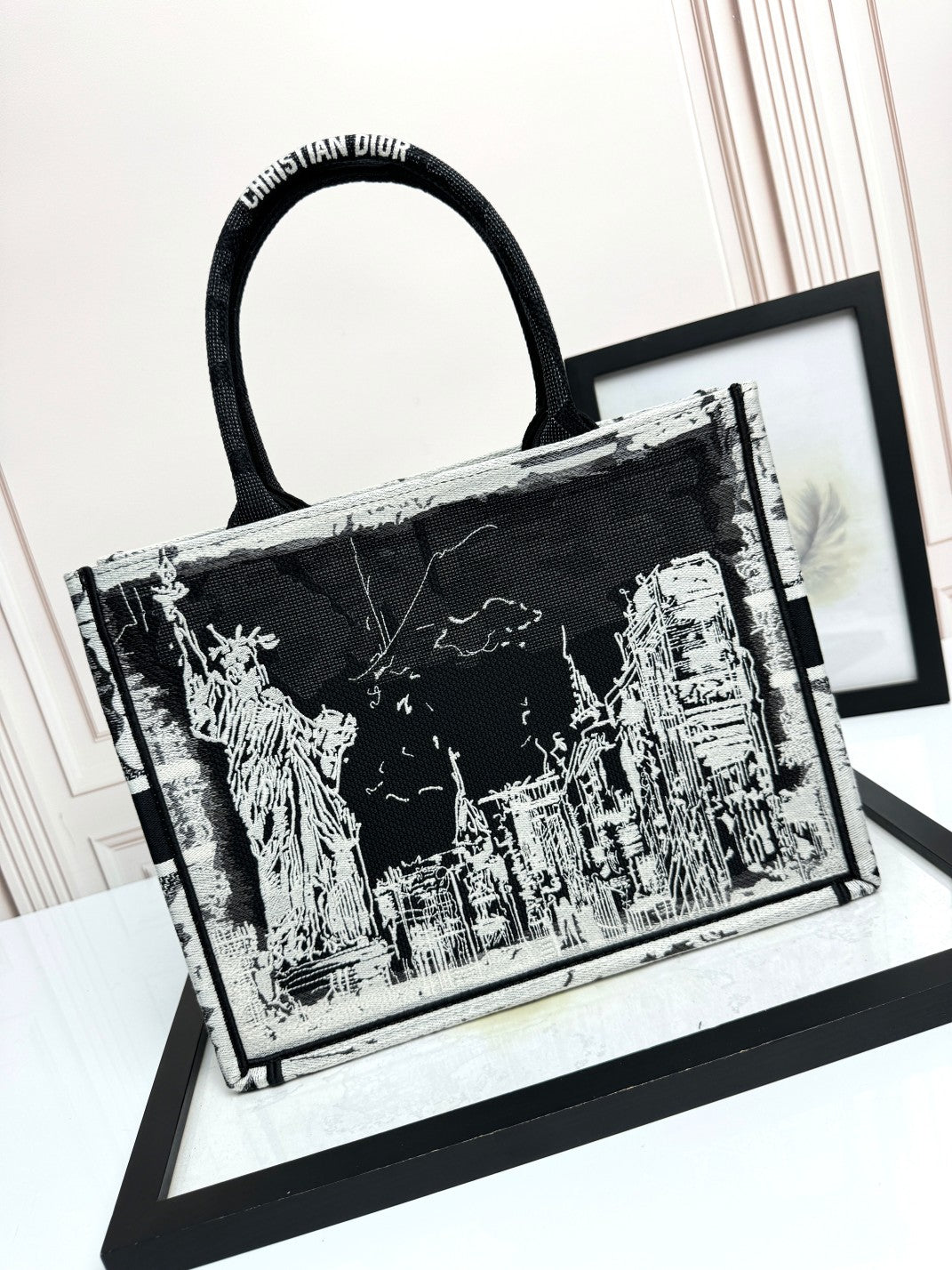 Christian Dior Book Tote Bag - Black and White Embroidered Canvas