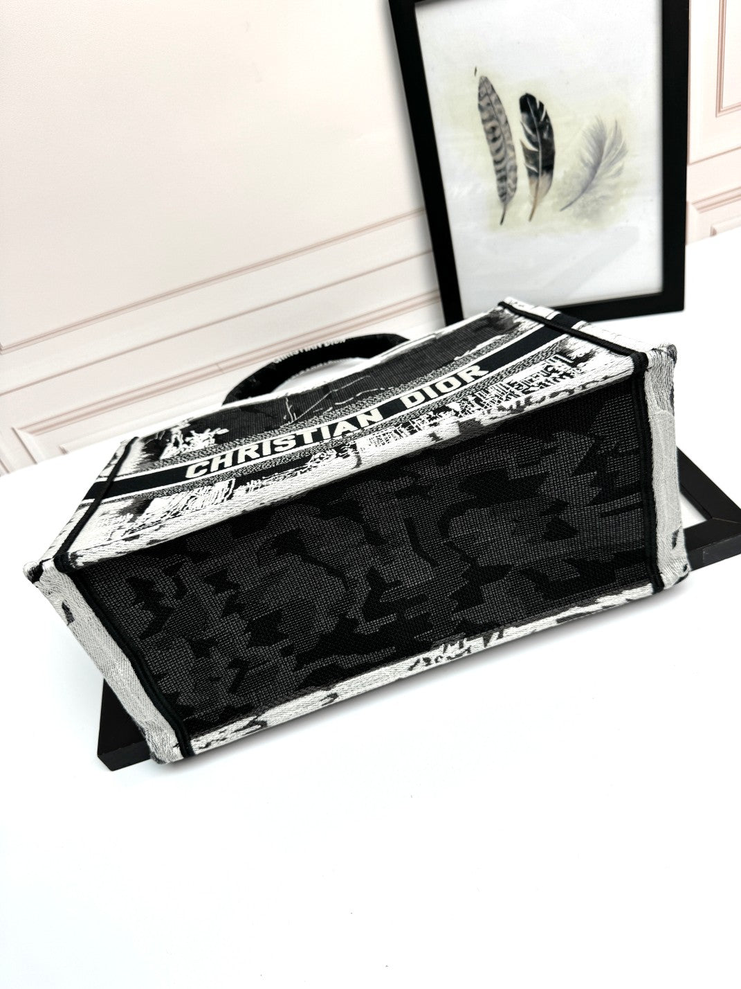 Christian Dior Medium Book Tote Bag Black and White Embroidery