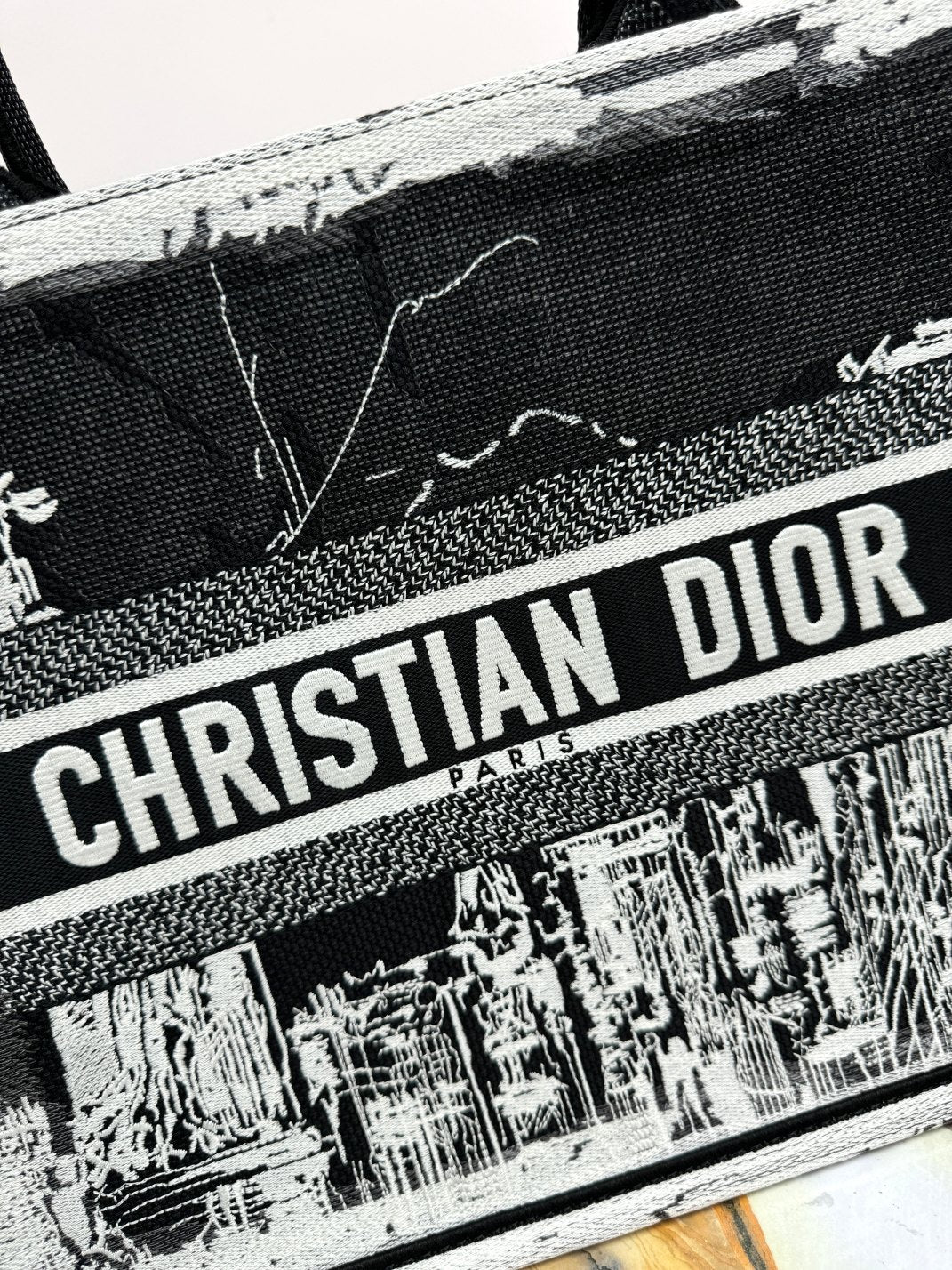 Christian Dior Book Tote Bag - Black and White Embroidered Canvas