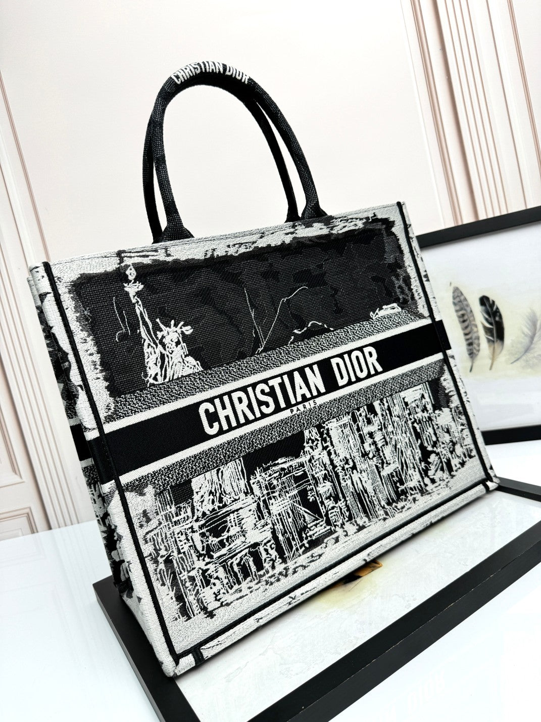 Dior Monochrome Cityscape Sketch Embroidered Canvas Large Tote Handbag