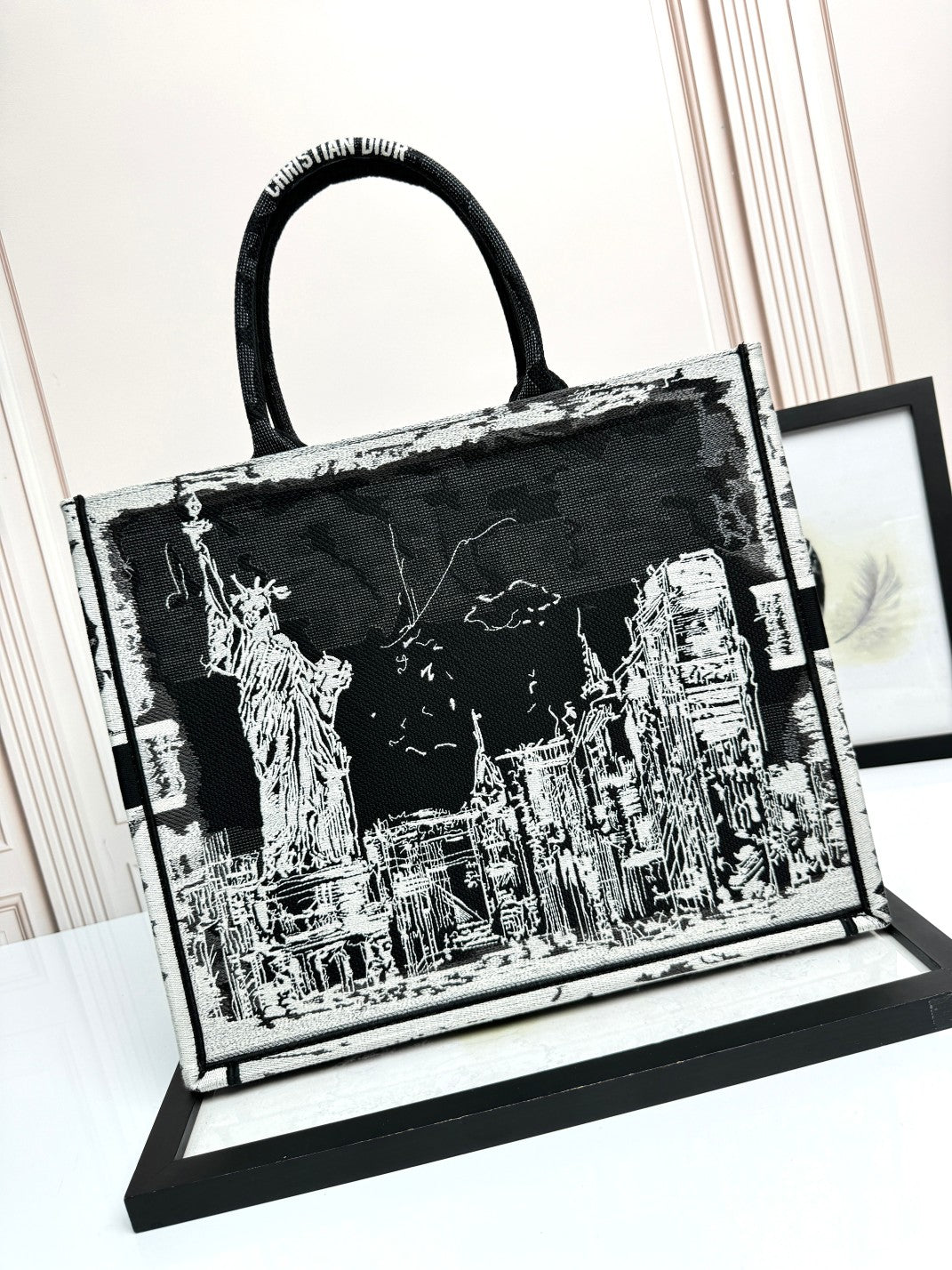 Dior Black and White New York Skyline Embroidered Canvas Tote Handbag