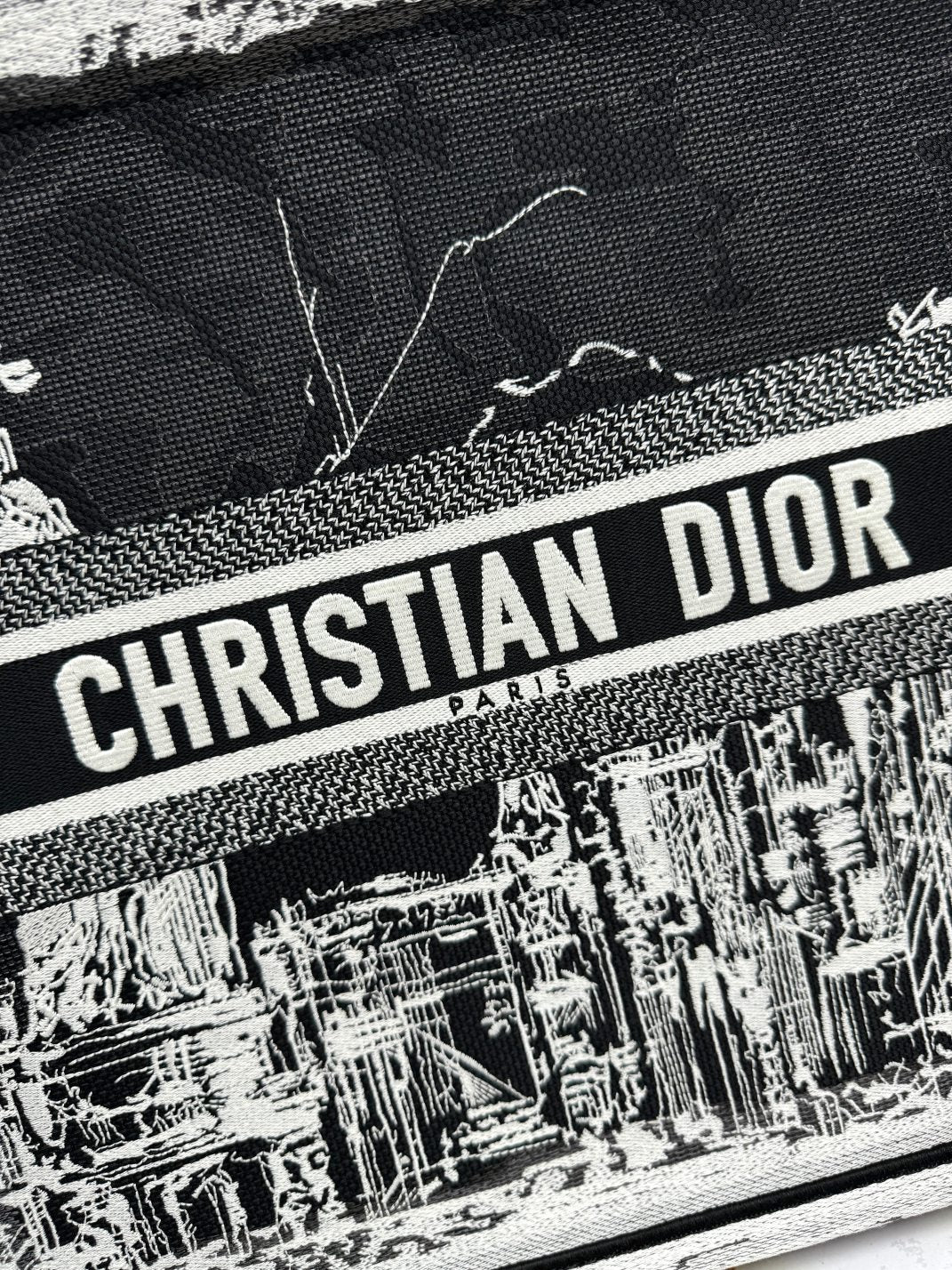 Dior Black and White New York Skyline Embroidered Canvas Tote Handbag