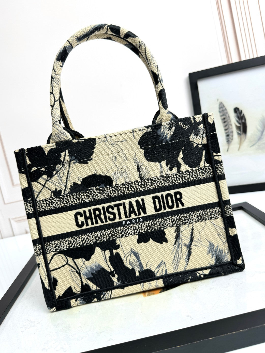 Christian Dior Medium Book Tote - Black and Beige Floral Embroidered Canvas