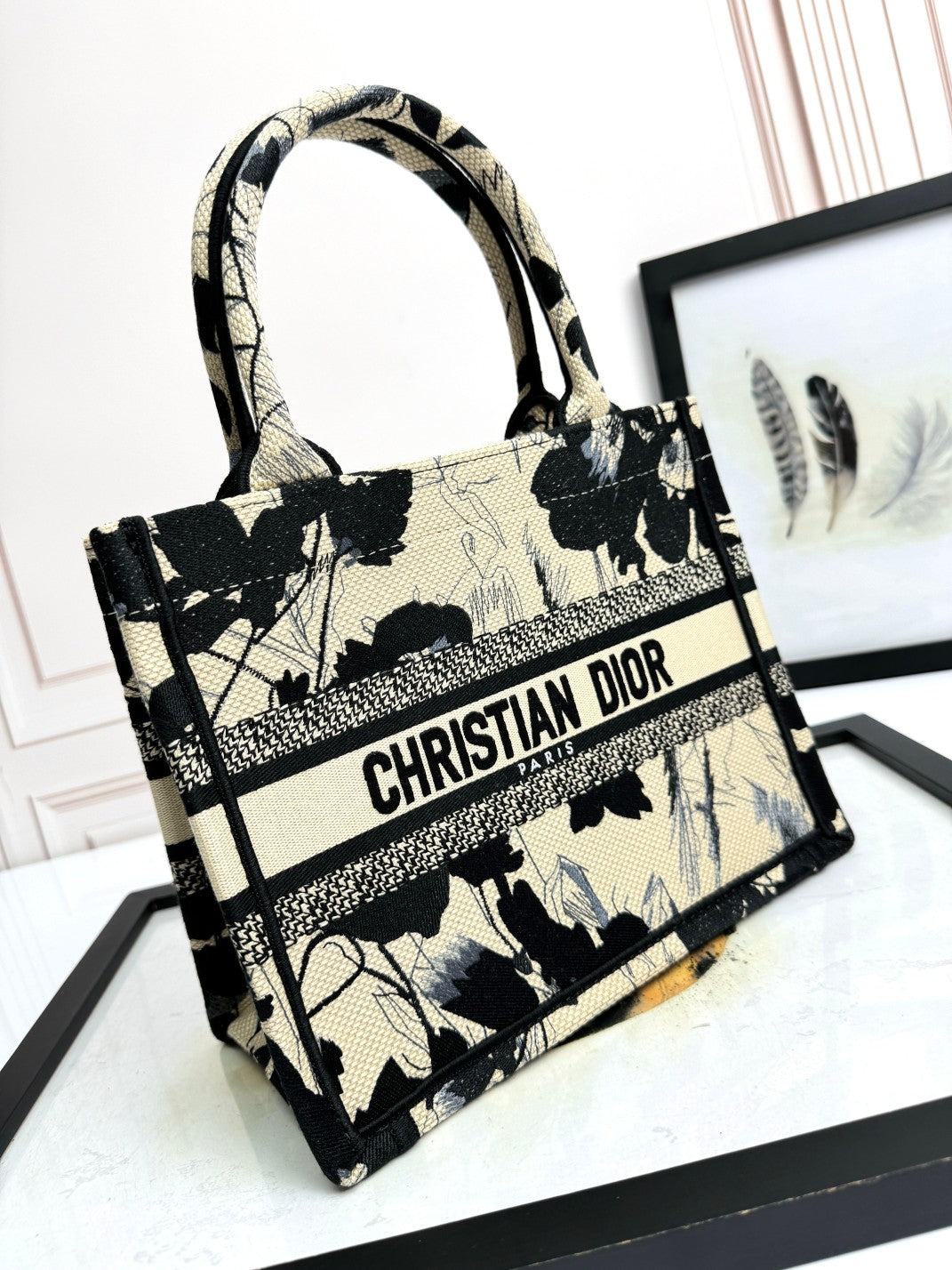 Christian Dior Medium Book Tote - Black and Beige Floral Embroidered Canvas