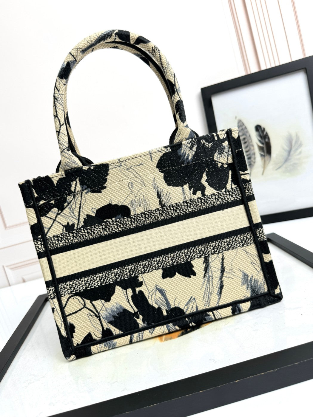 Dior Black and Cream Floral Embroidered Canvas Tote Handbag