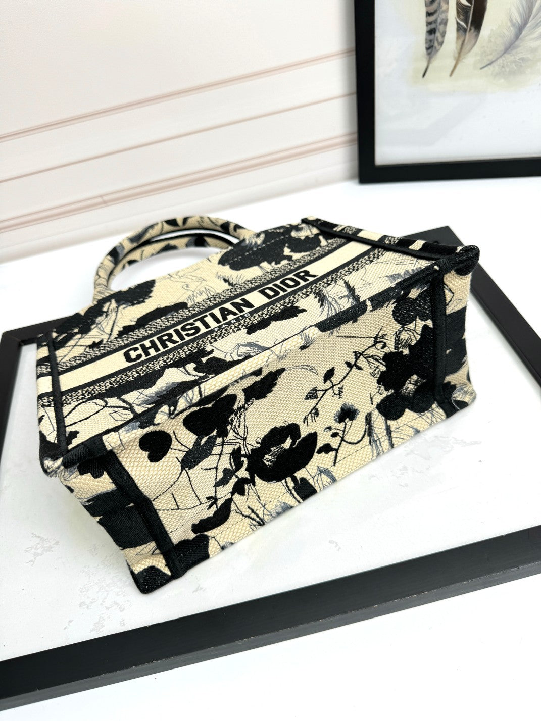 Christian Dior Small Book Tote - Black and Beige Floral Embroidery