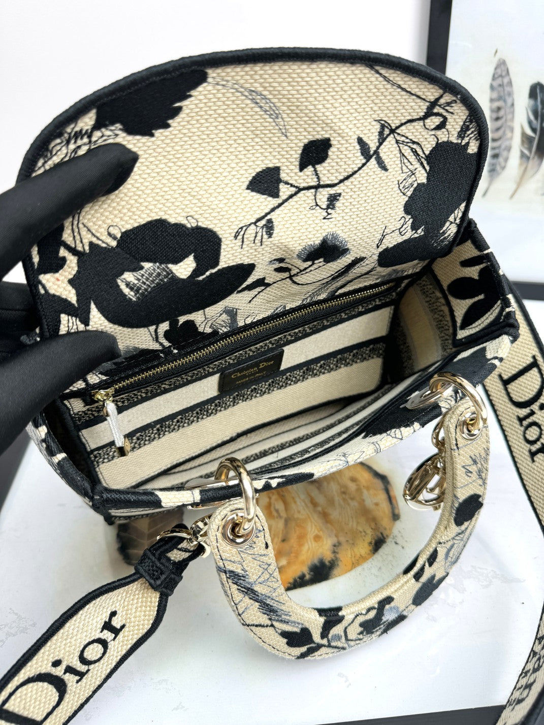 Christian Dior Small Book Tote - Black and White Floral Embroidered Canvas