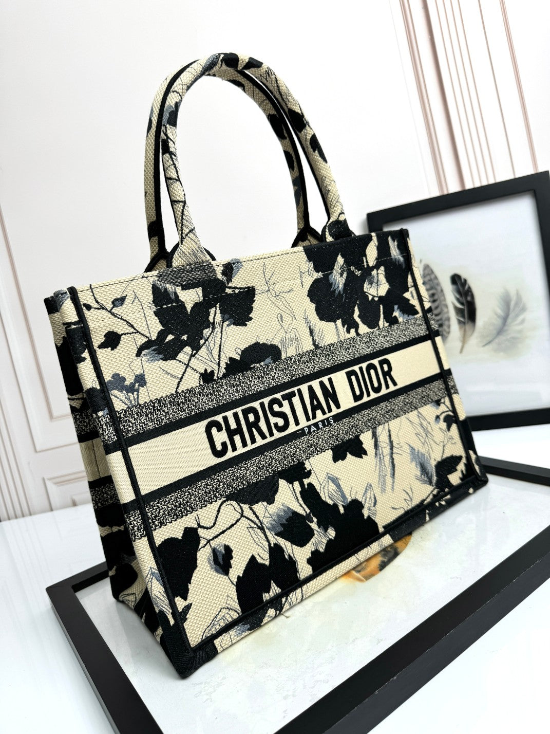 Christian Dior Medium Book Tote - Black and White Floral Embroidered Canvas