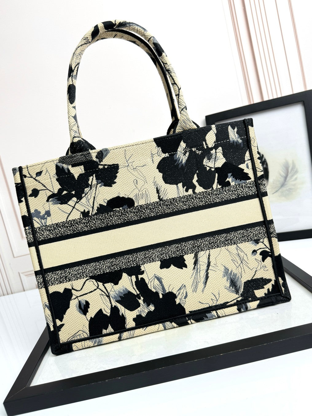 Christian Dior Medium Book Tote - Black and White Floral Embroidered Canvas